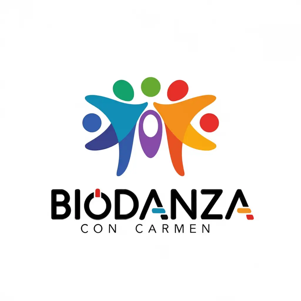a logo design,with the text 'Biodanza con Carmen', main symbol:seven people dancing together in a perfect circle with hands connected and a colorful composition.,Minimalistic,be used in Home Family industry,clear background