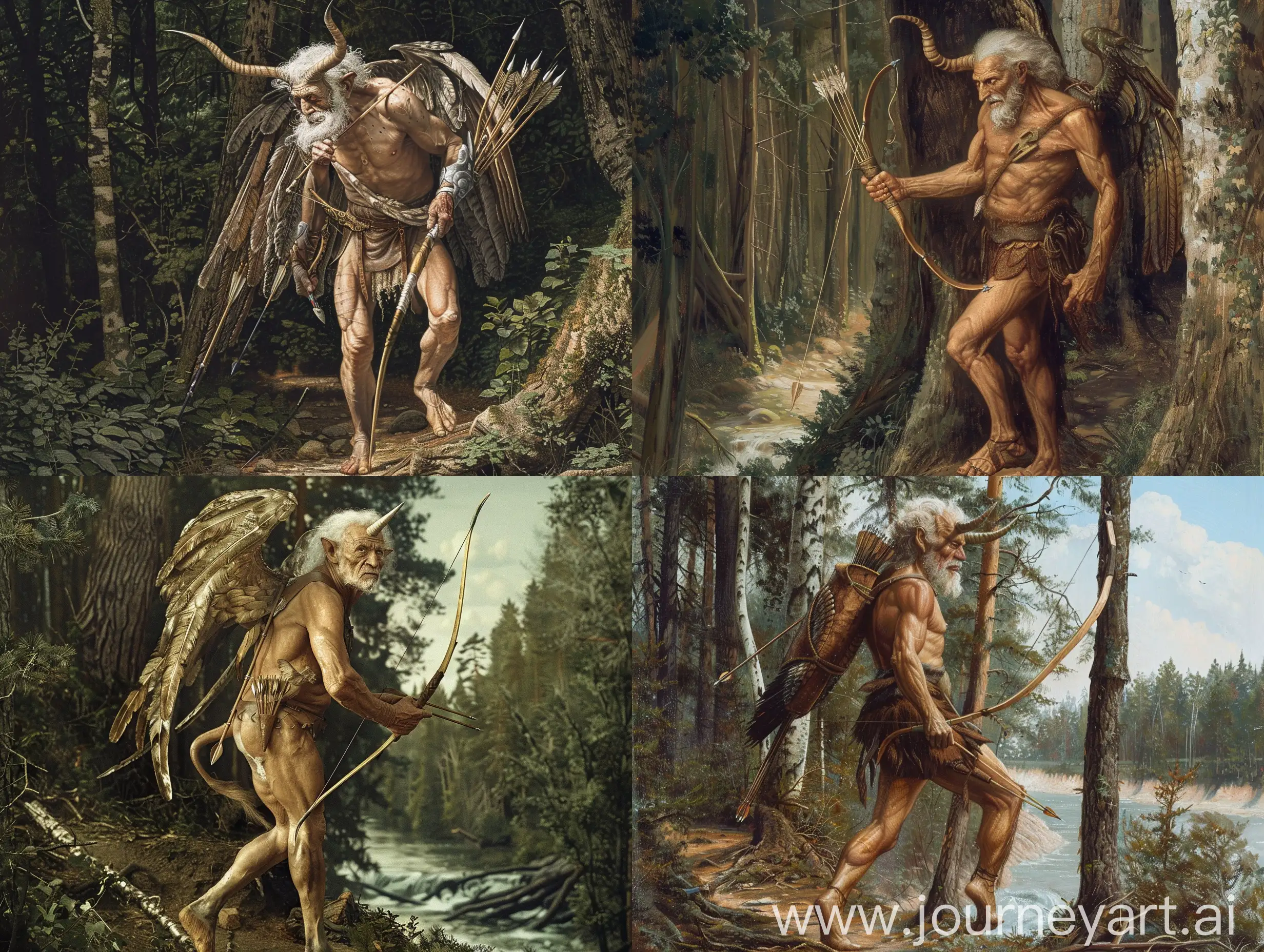 Wise elderly centaur Chiron, with a quiver of arrows behind his back, steps out of the woods onto the edge of the forest, photorealism, without horns, without wings