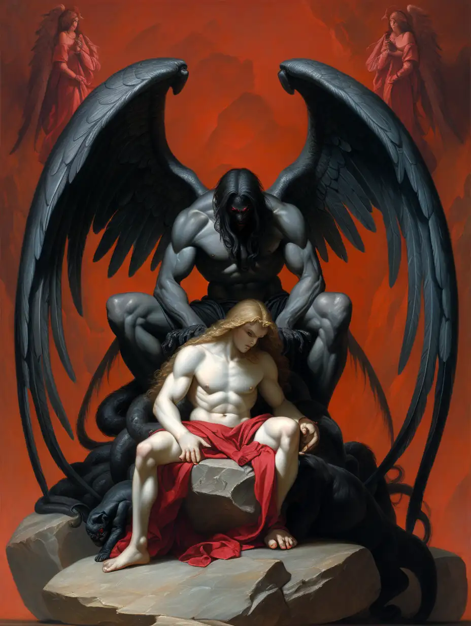 Angel with black demonic creature, sitting back to back on rock, rocks surrounding them, Renaissance, red background