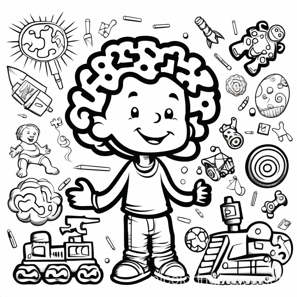 A happy child with a unique puzzle piece brain, surrounded by colorful toys and activities., Coloring Page, black and white, line art, white background, Simplicity, Ample White Space. The background of the coloring page is plain white to make it easy for young children to color within the lines. The outlines of all the subjects are easy to distinguish, making it simple for kids to color without too much difficulty