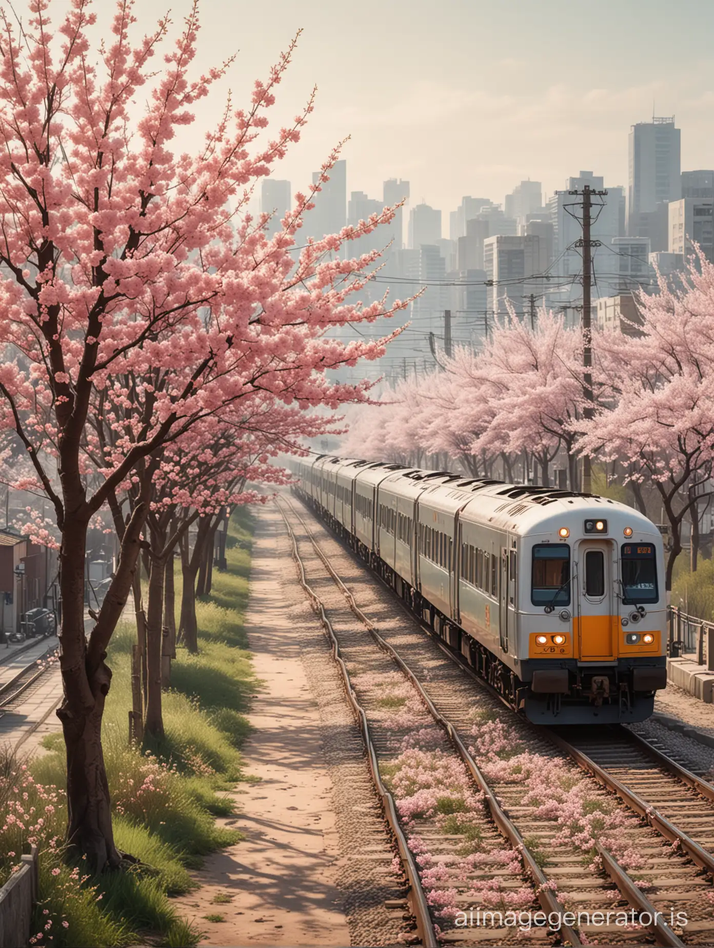 Urban illustration 
A long train bound for spring
peach blossoms in full bloom 
breath of spring and soft natural light 
urban landscape photographer 
