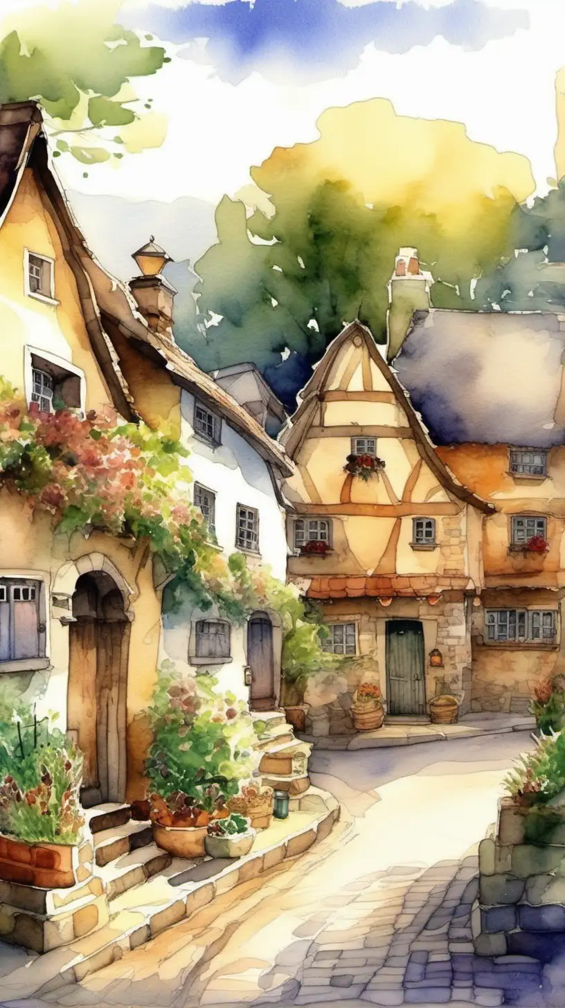 The village should have a quaint, storybook feel. Think cobblestone streets, small cozy houses with thatched roofs, and a central square where the children gather. The setting should be warm and inviting, exuding a sense of community and charm. watercolor style, full village