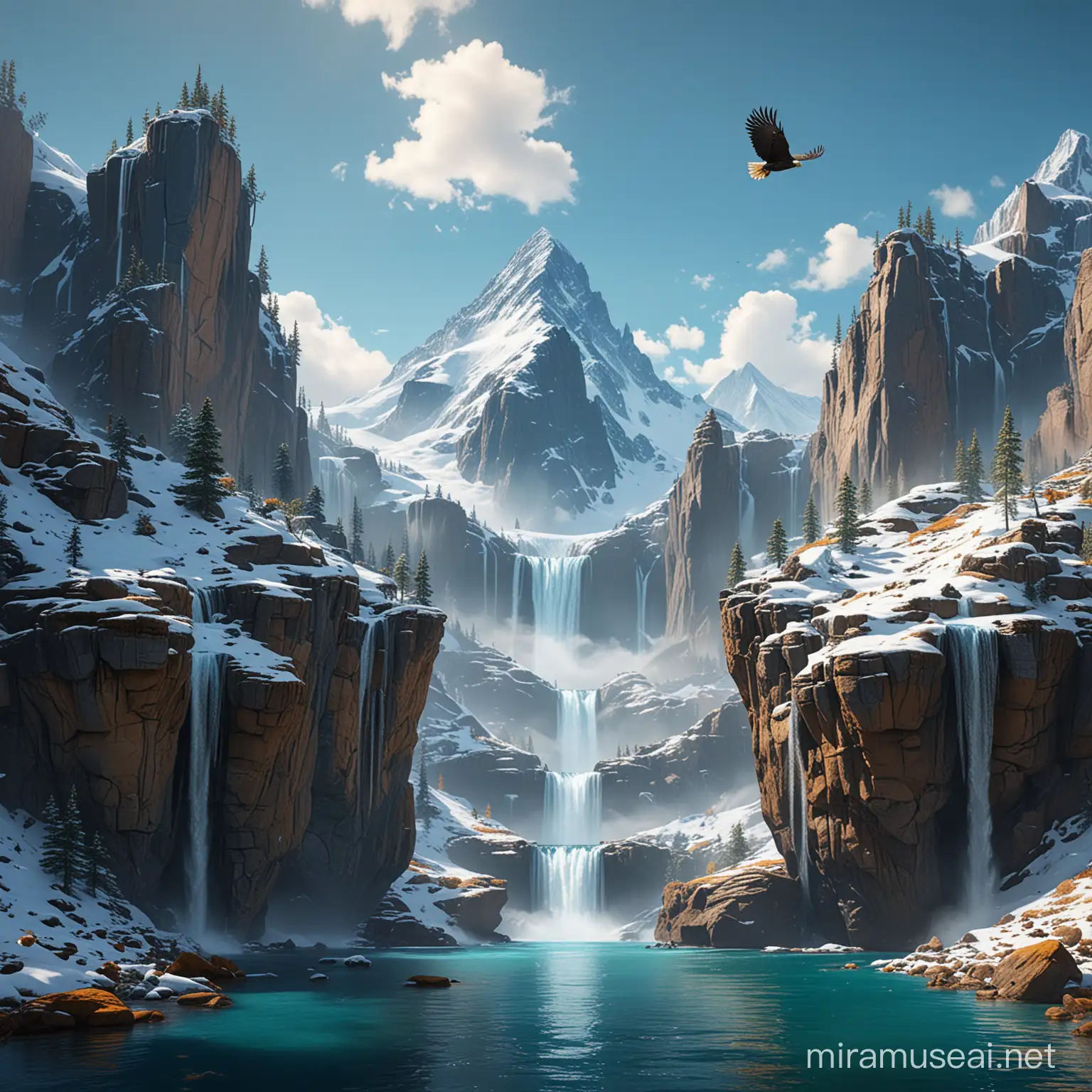 Floating Mountain Majesty: A surreal landscape where a towering, snow-capped mountain with cascading waterfalls is set atop a giant, floating island held aloft by a ring of massive, outstretched stone hands. The sky is a clear, vivid blue, with a majestic eagle in flight, creating a sense of freedom and grandeur. The entire scene is a fantastical blend of natural wonder and gravity-defying elements, rich in vibrant colors and dynamic contrasts, 32k render, hyperrealistic, detailed.