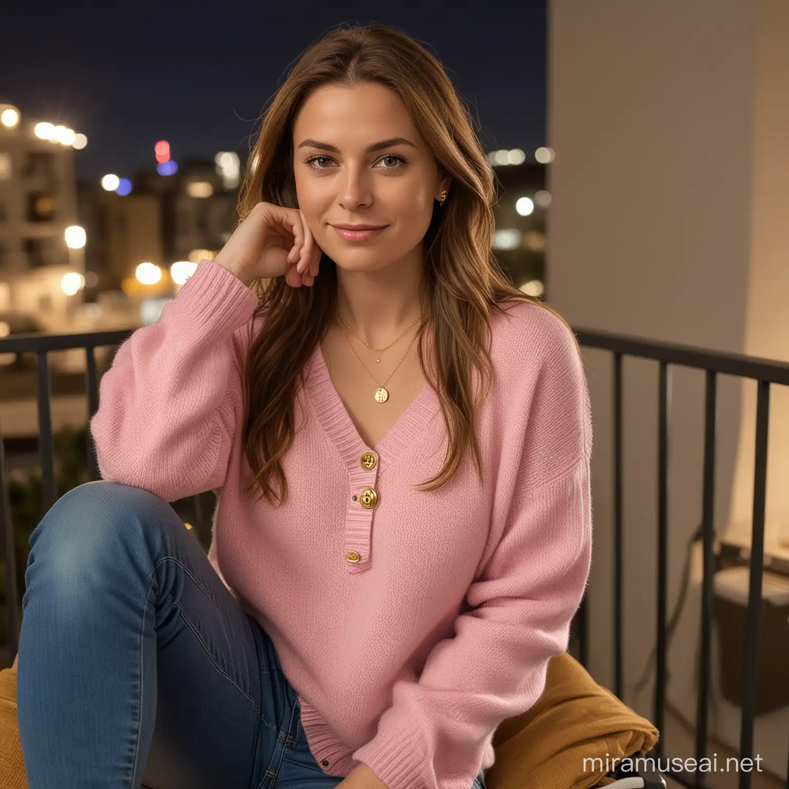 30 year old white woman with long brown hair, wearing a gold necklace, pink button up sweater and blue jeans, lounging in a chair on a balcony, nighttime urban apartment background