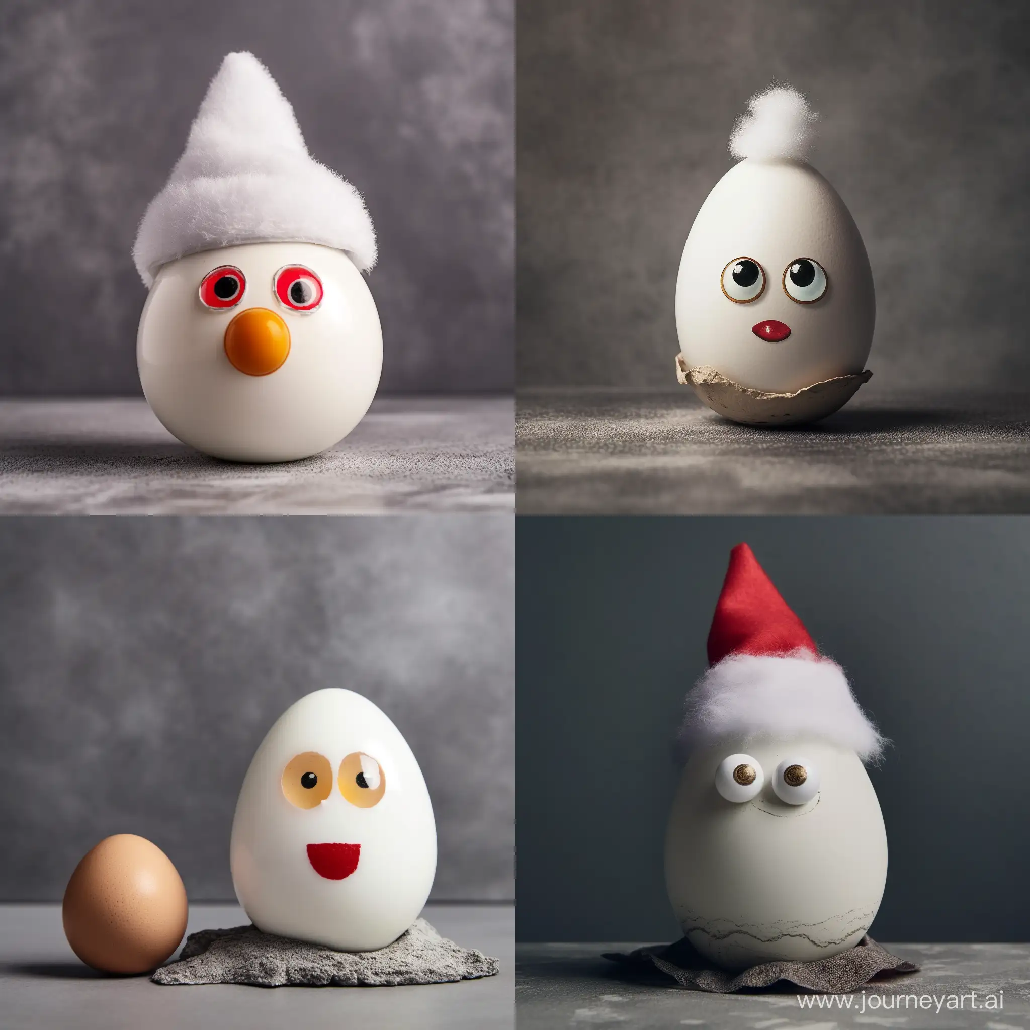 Белое яйцо на сером фоне, в рождественской шапке, с двумя глазами направленными в правую сторону