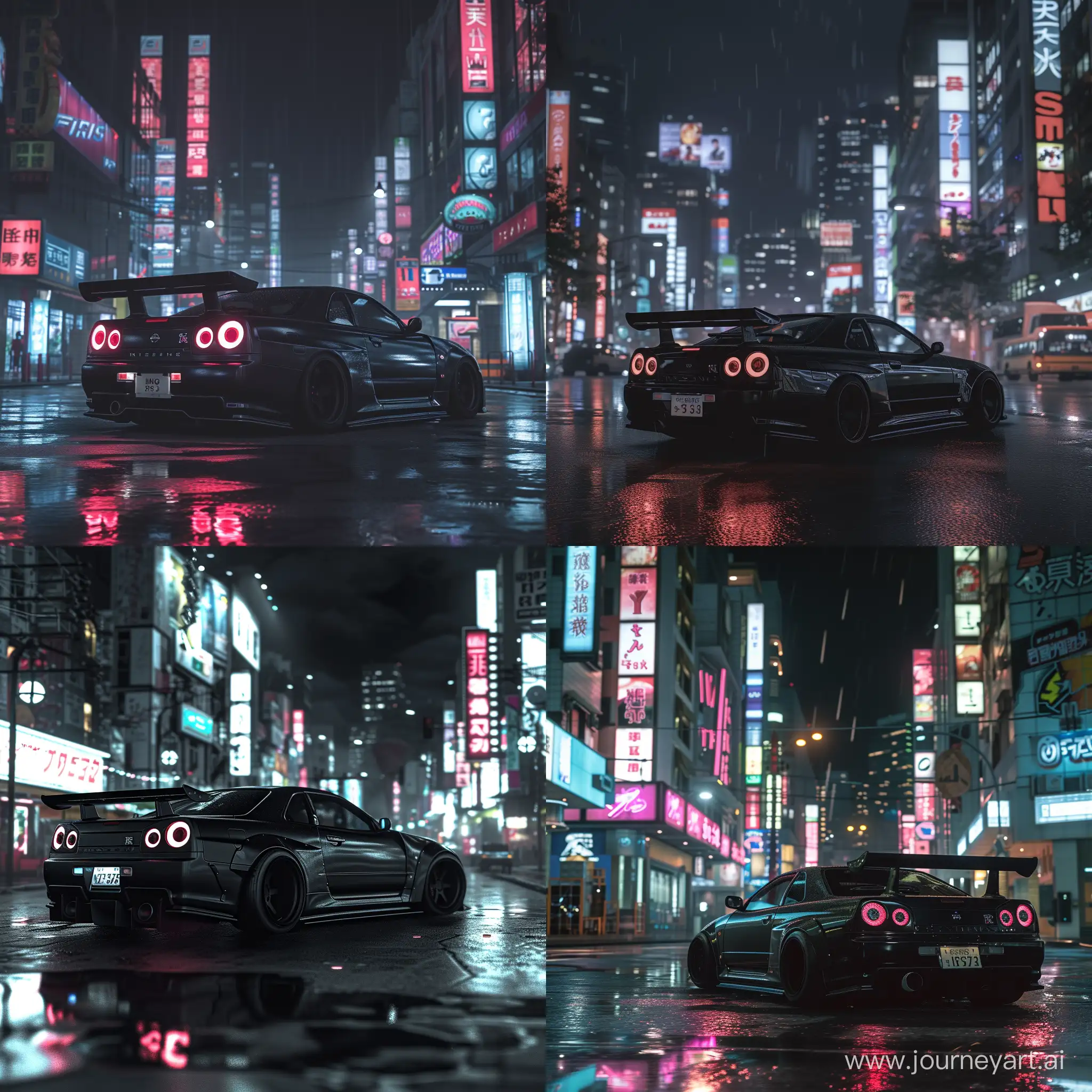 unreal engine, cyberpunk city at night, nissan gtr r33, matte black paint