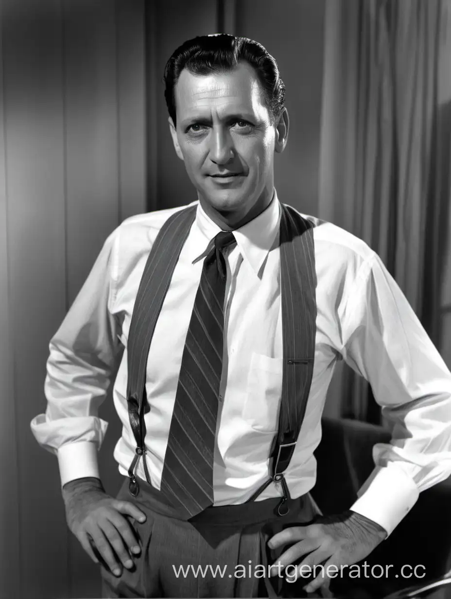 A big 40-year-old man smiles, looks away, in a shirt, tie, at his desk, 40s style, German, holywood smile