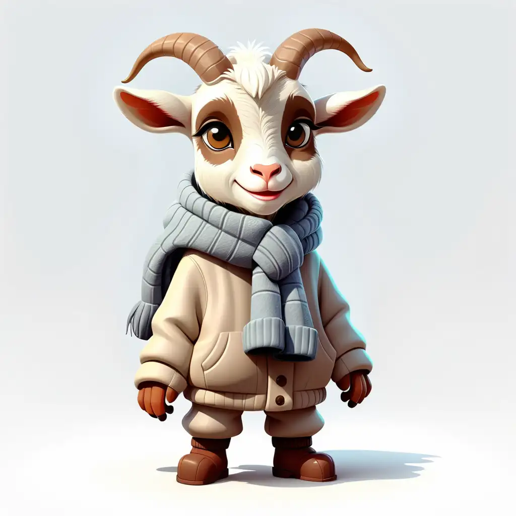 a cute goat in cartoon style with winter clothes full body clipart with white background