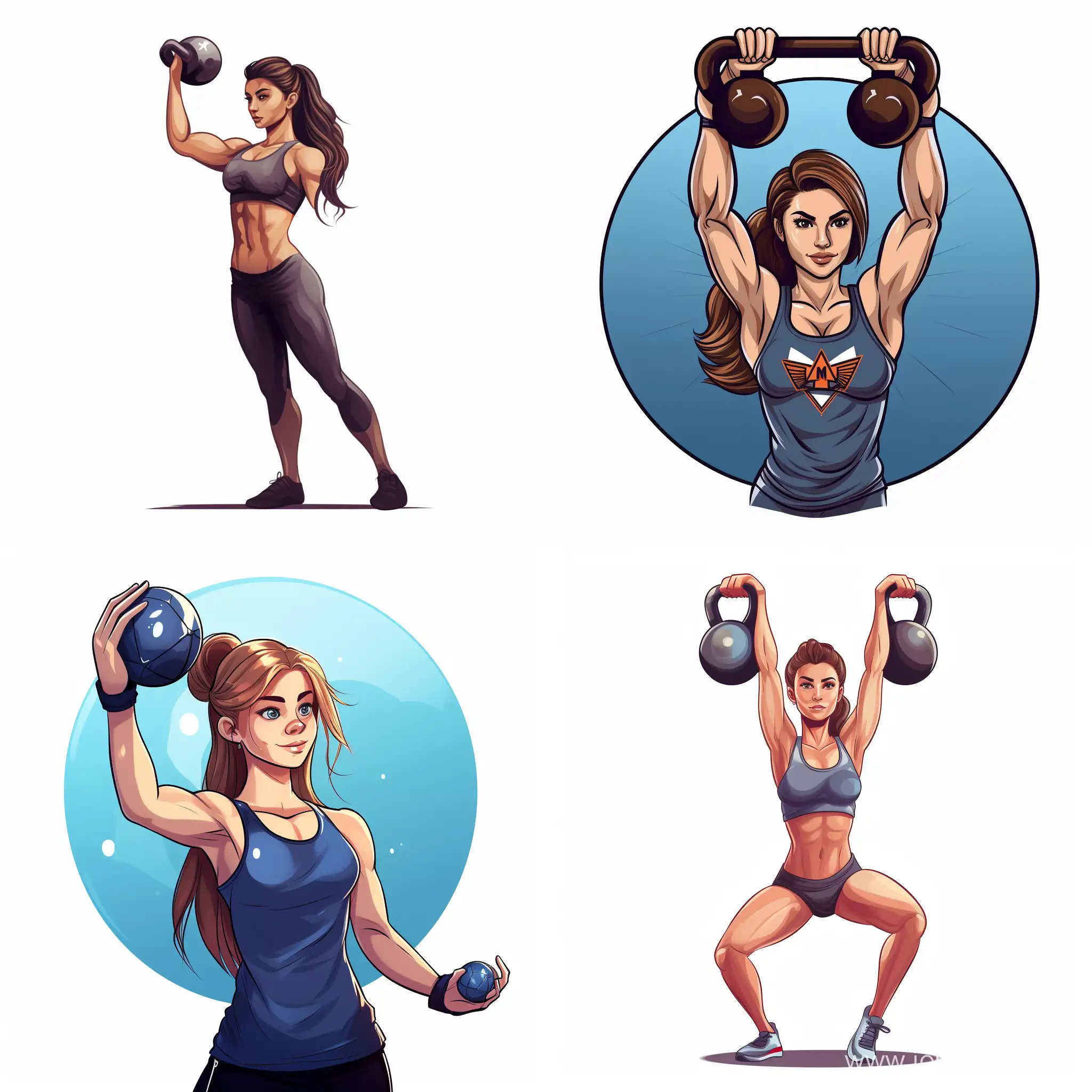 imagine a girl training crossfit, she is lifting a kettlebell with a good technique, in a clear background, fine details, isolated shot, in cartoon style