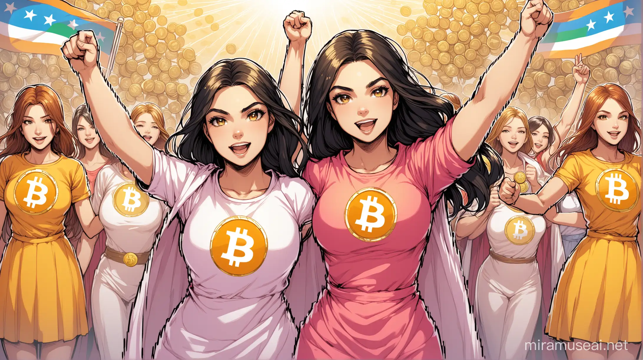 Create a strong image with a clear message connecting human rights, Bitcoin, freedom, and permissionless money for the first time in human history - with the power of women with non-sexual clothes on.