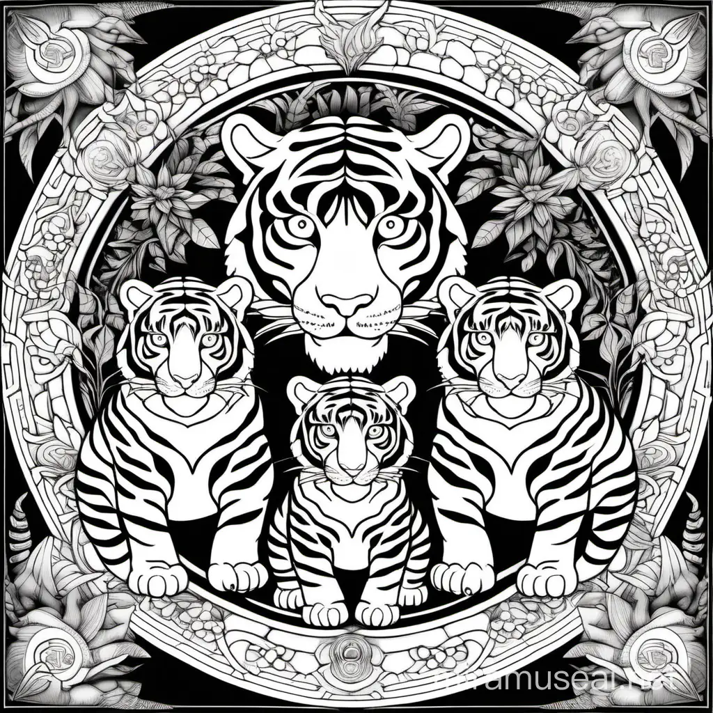 Un coloriage mandala représentant une famille de 4 tigres composée d'un mâle et une femelle ainsi que leurs 2 enfants 