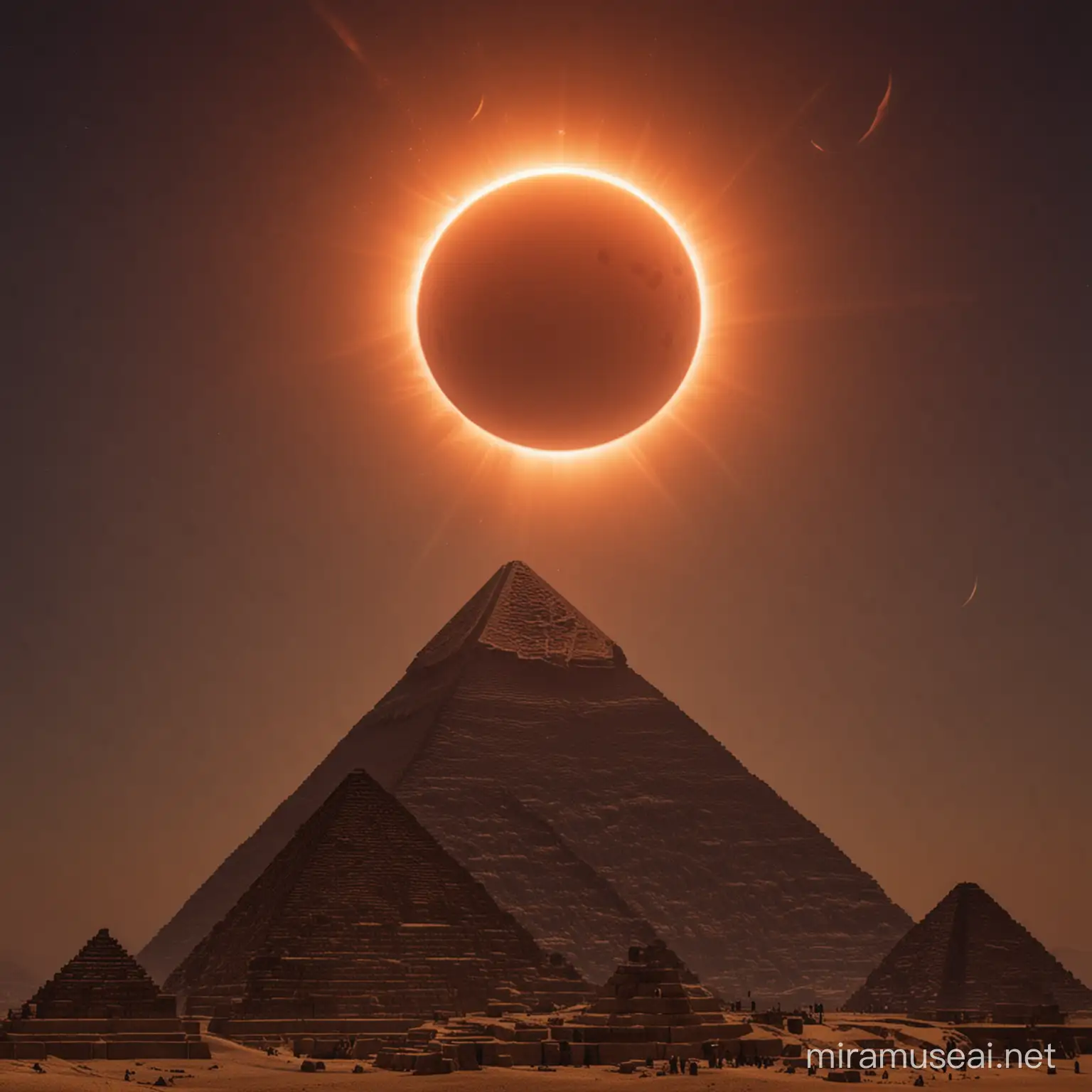 Reddish total solar eclipse over the great pyramid of giza