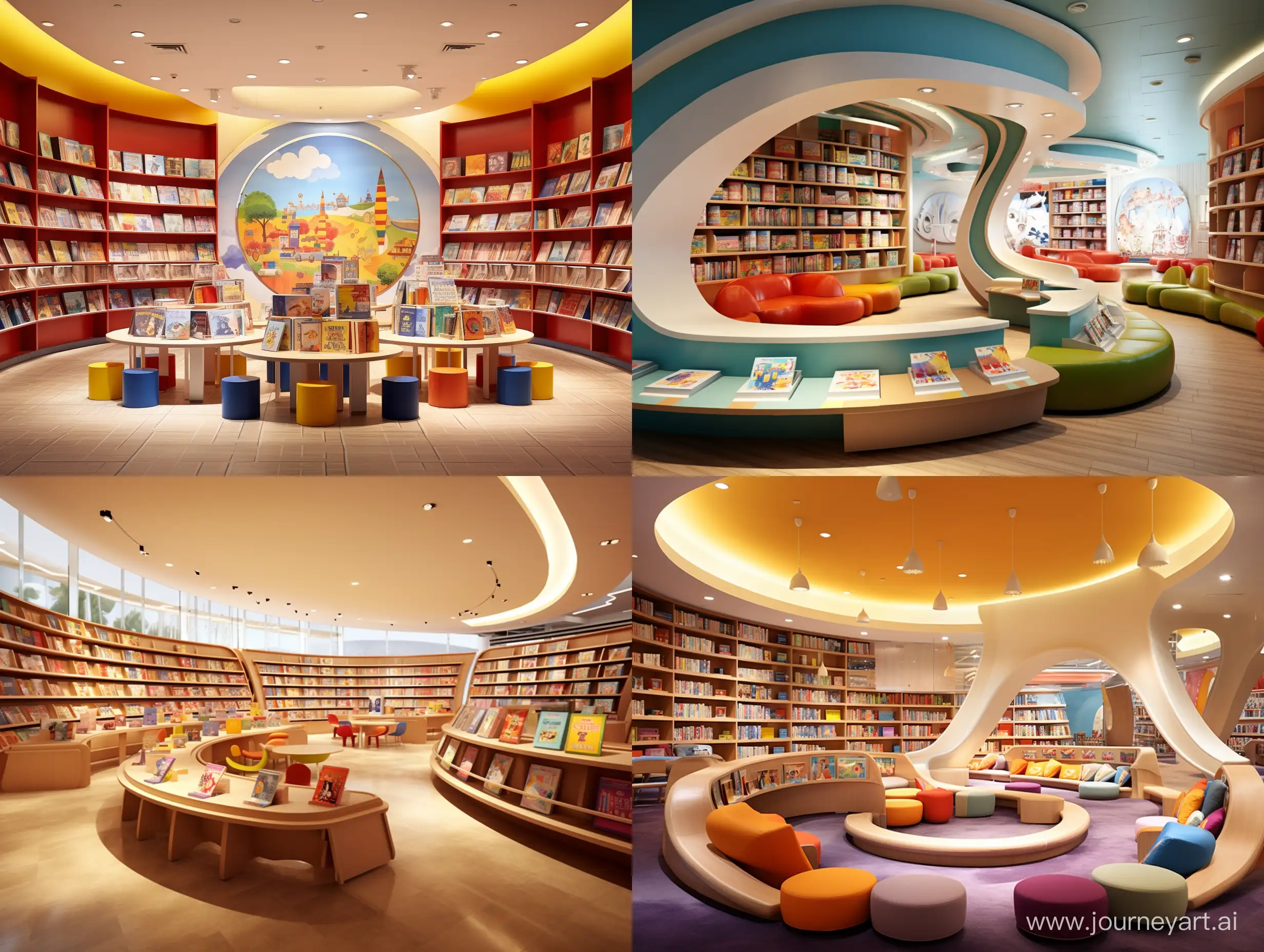 "Visualize a realistic and modern children's bookstore situated in a lively shopping mall. The store features a unique, yet practical design with gently curved bookshelves that create a welcoming and accessible space. The interior is brightly lit with natural lighting, complemented by colorful, but not overly vibrant, wall paints. The shelves are neatly stocked with a variety of children's books, displaying an array of colorful covers and titles. In several corners of the store, there are small, inviting reading areas furnished with comfortable chairs and round tables, where children and their parents are seen browsing and reading books. A small, dedicated area for storytelling sessions is set up, where a group of children are gathered, listening attentively to a storyteller. The store's layout is spacious and easy to navigate, encouraging a calm and educational atmosphere. Overall, the bookstore blends a playful theme with a practical, user-friendly design, making it an appealing spot for families in the mall."