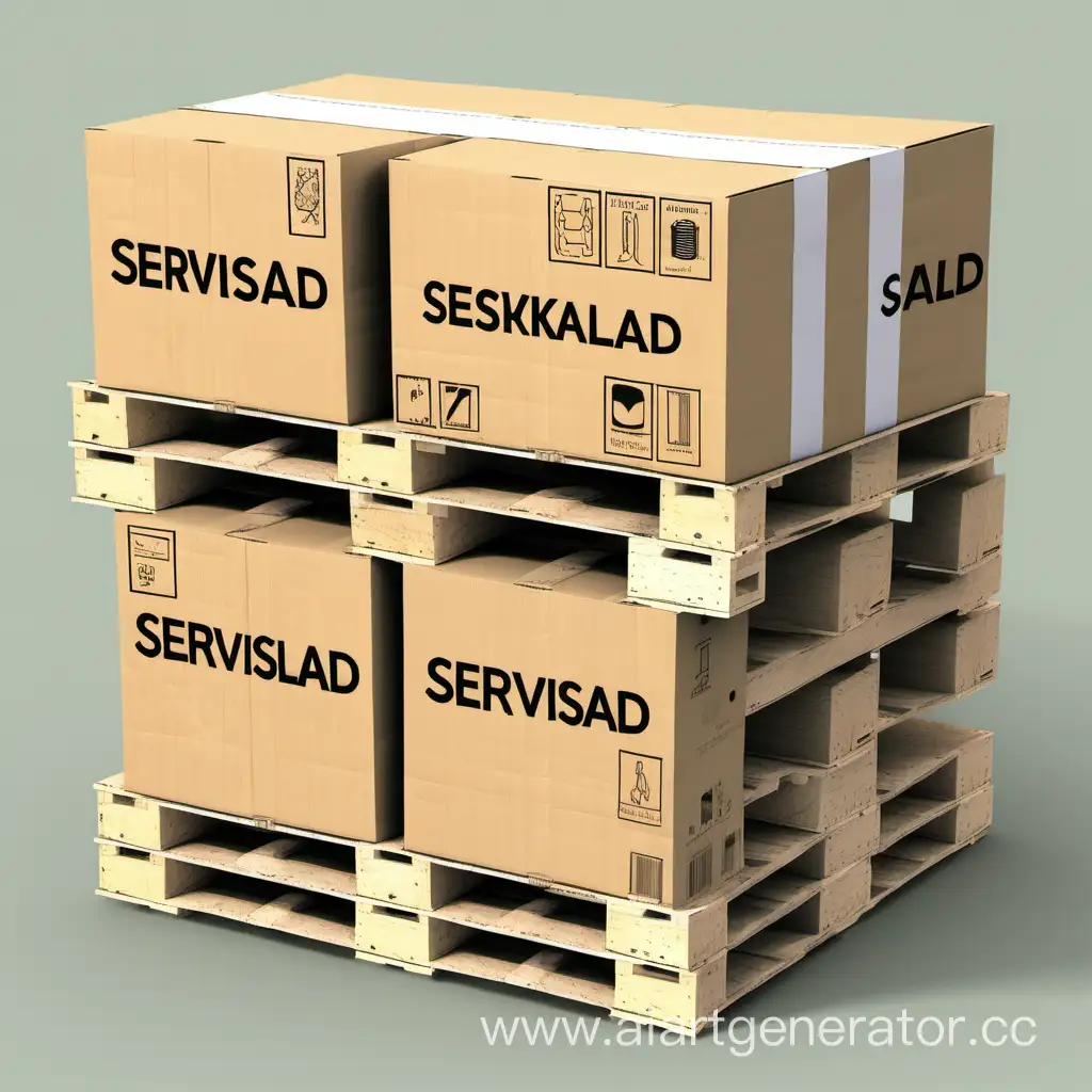 Generate a picture showing a pallet with several boxes and two lines of text written on it: the upper one is "Servissklad", the lower one is "Spare parts".