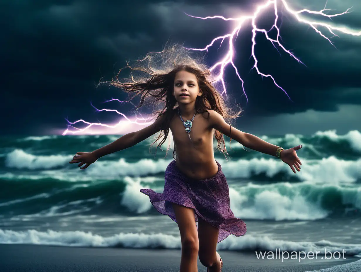 богиня бури весёлая девочка 12 лет обнажённая шалунья драгоценности идёт по дороге над волнами штормового моря под грозовым небом с молниями неон мистика