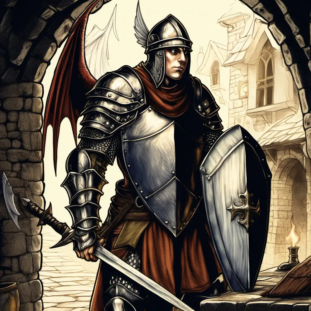 half-elf warrior, winged helmet, shield, sword, nervous, Medieval tavern