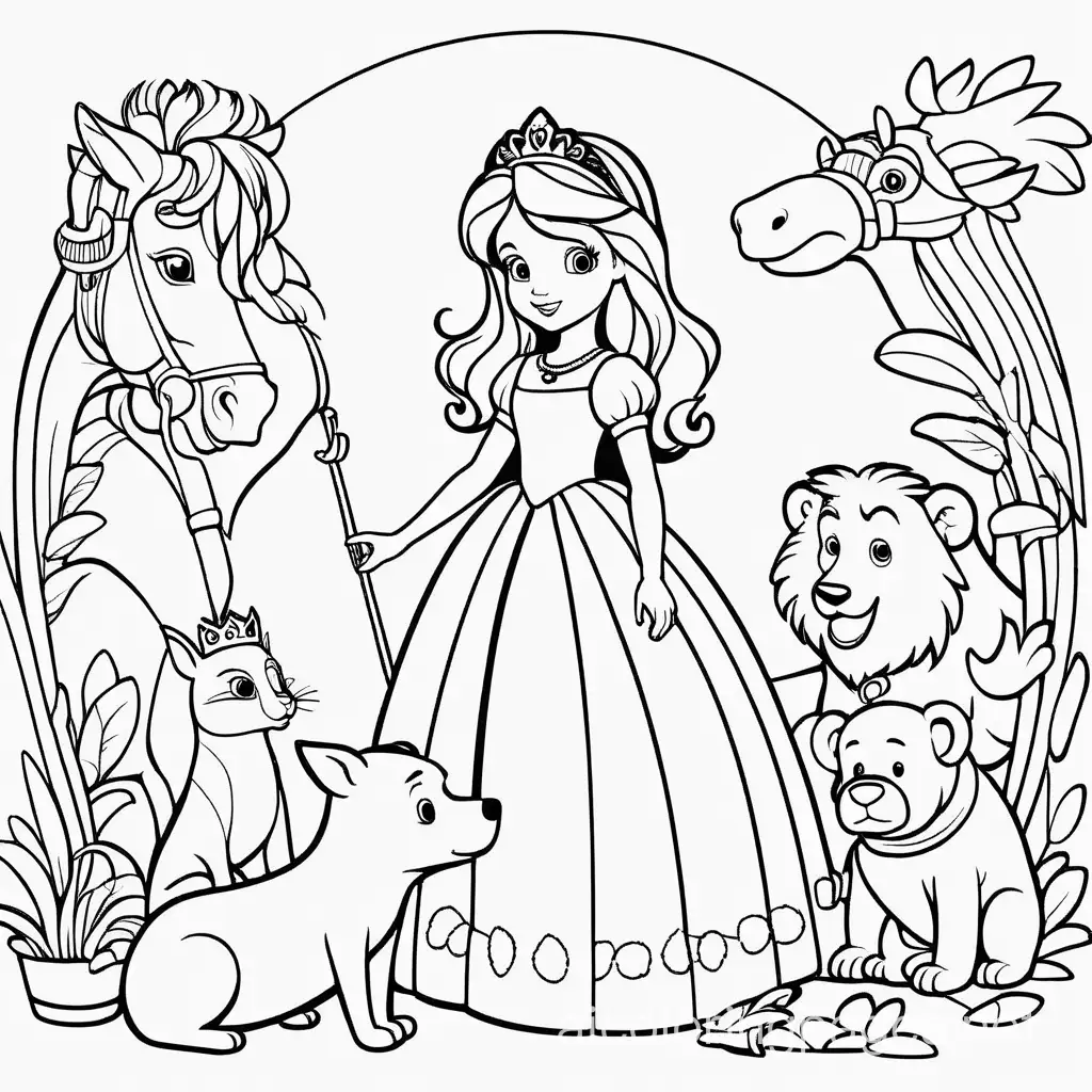 Princess-and-Animals-Coloring-Page-Black-and-White-Line-Art-for-Easy-Coloring