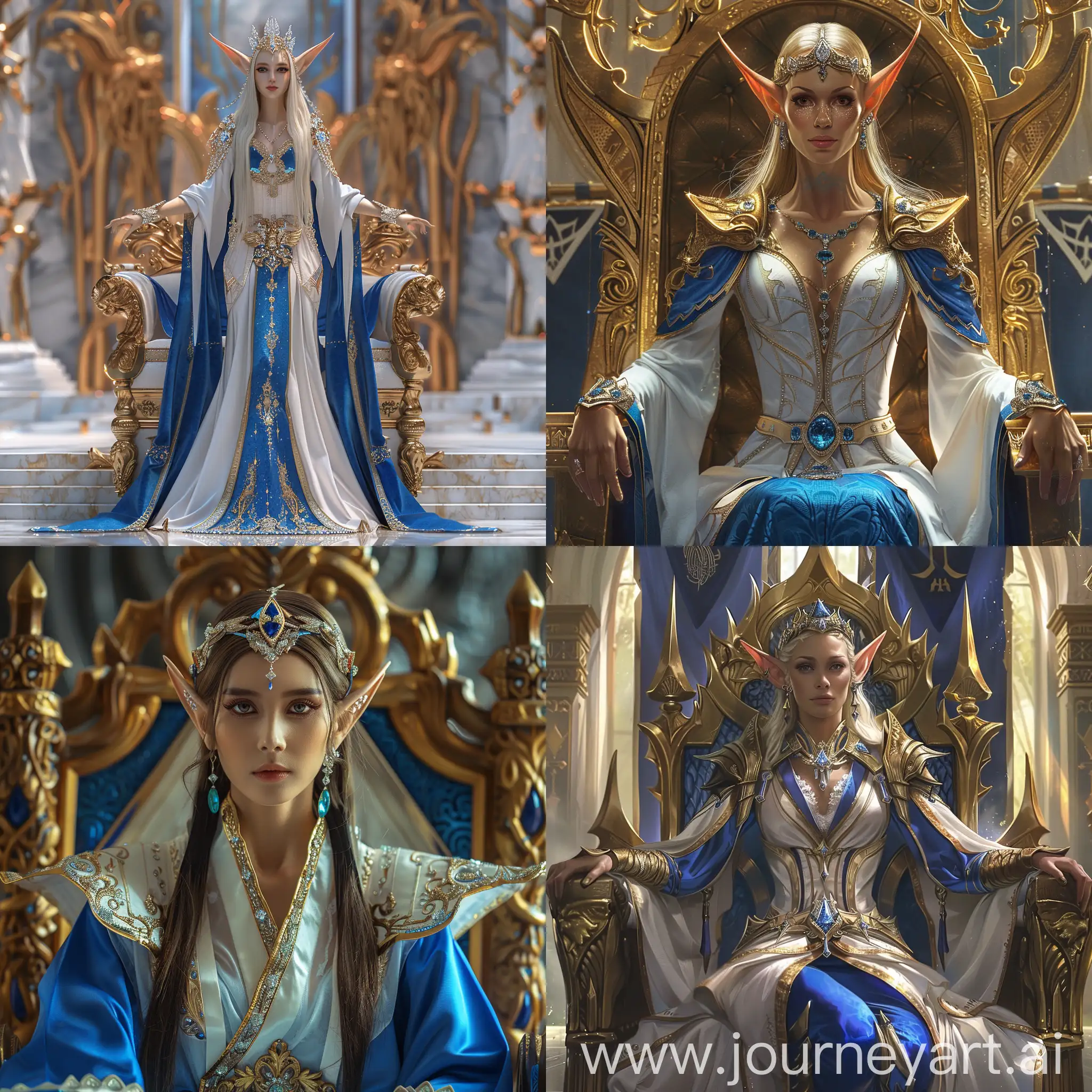 empress of mankind, elven, point ears, astral, epic, with diamonds and blue and white robes, evealing outfit, golden epic throne