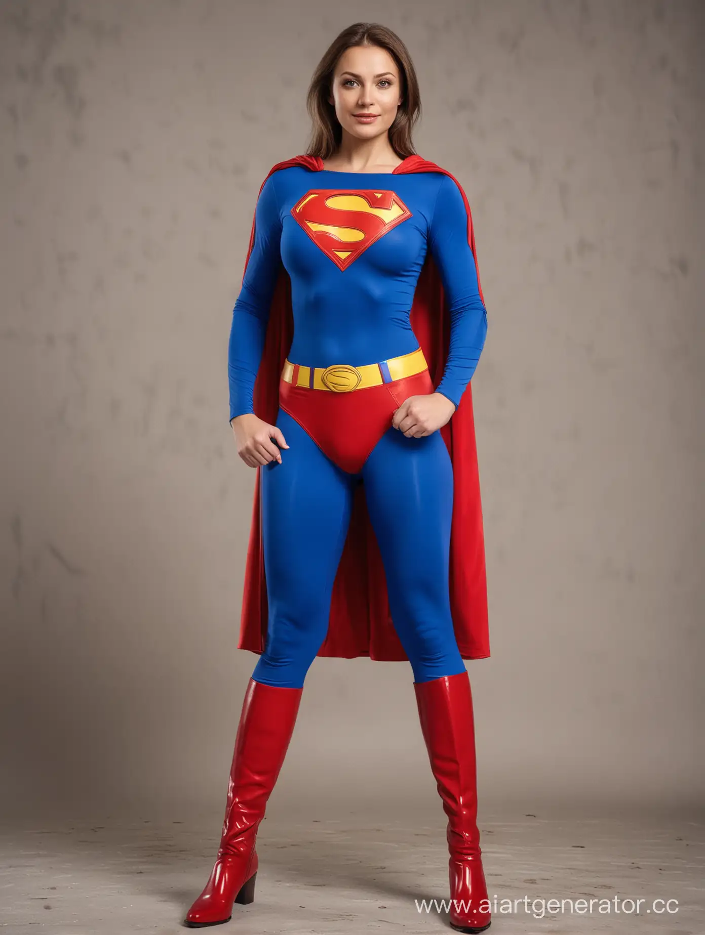 A pretty Russian woman, age 35, she is confident and proud, her body is very muscular, she is wearing the classic Superman costume, blue spandex leggings, red briefs, red cape, red boots