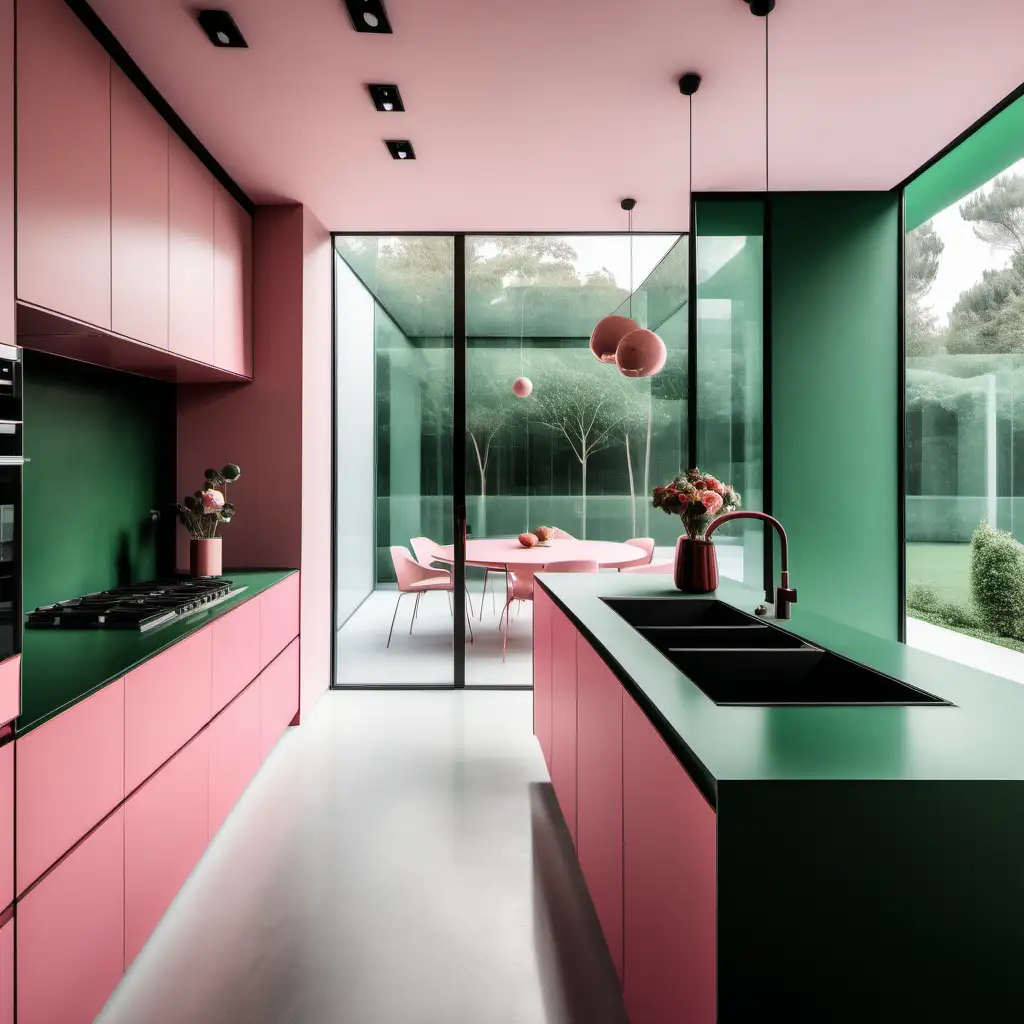 hochmoderner architektonischer Küchenbereich mit colourblocking inneneinrichtung in neutralen farben wie dunklem leuchtendem grün und hellem zarten rose, mit Blick nach draußen durch eine rahmenlose fesnterfront