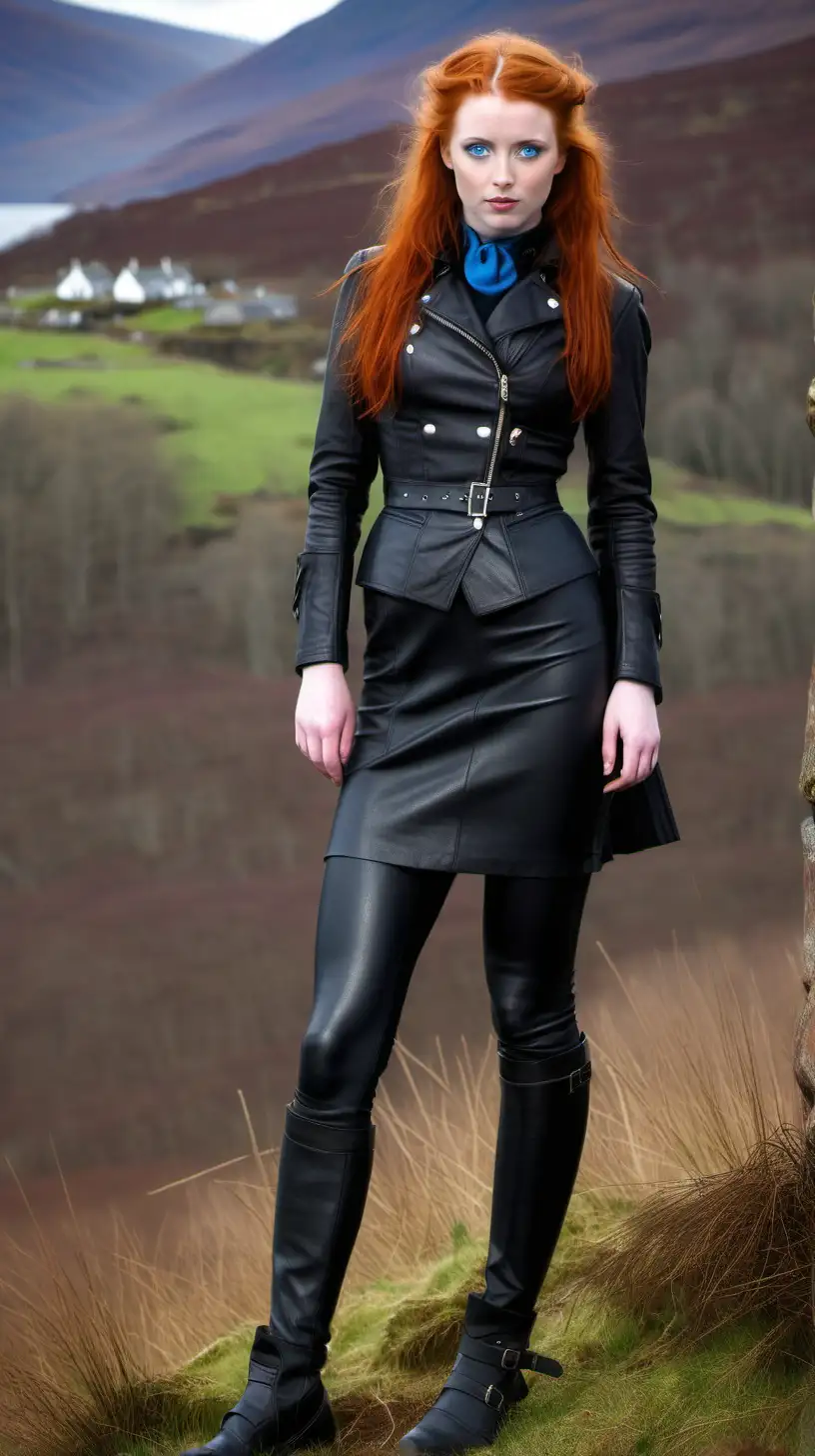 Young redhead with blue eyes and dark make-up, wearing tight leather, full length, scottish highlands