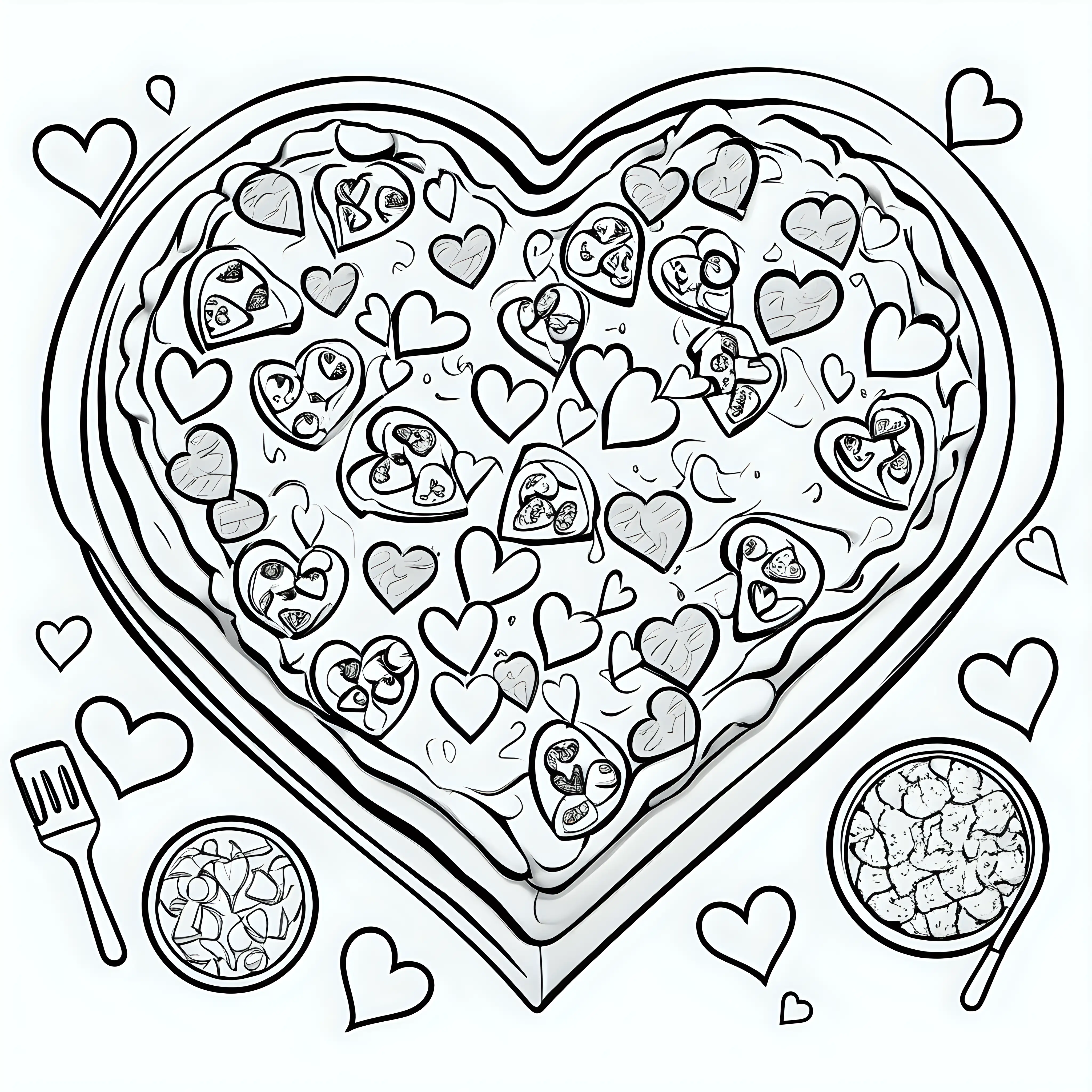 Create a coloring book page of Valentine's Day Pizza: Children making heart-shaped pizzas with various toppings. Include children who are Asian, black and Hispanic. Use crisp lines and white background. Make it an easy-to-color design for children. --ar 17:22--model raw