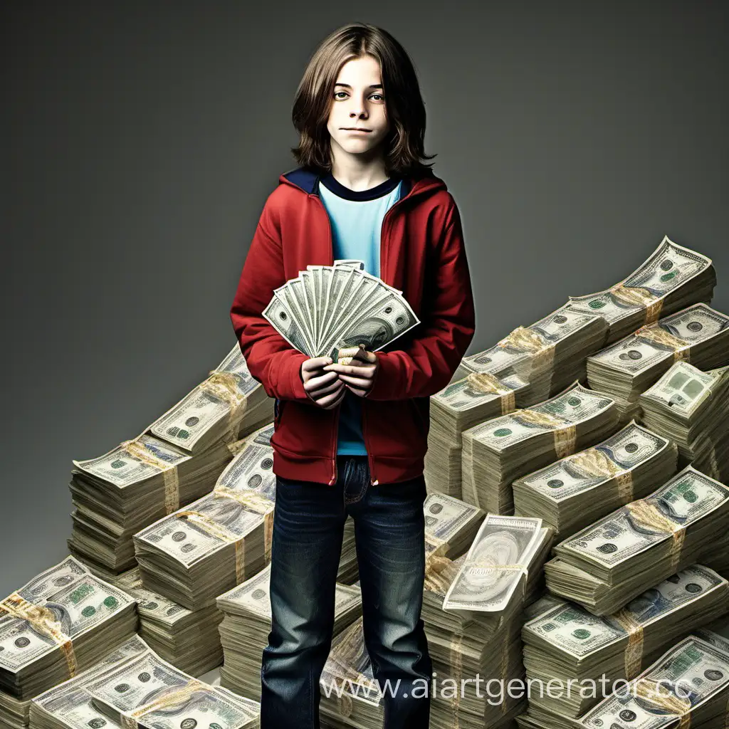 A 14-year-old boy with a height of 160 cm and a weight of 40 with long shoulder-length hair stands with money in his hands