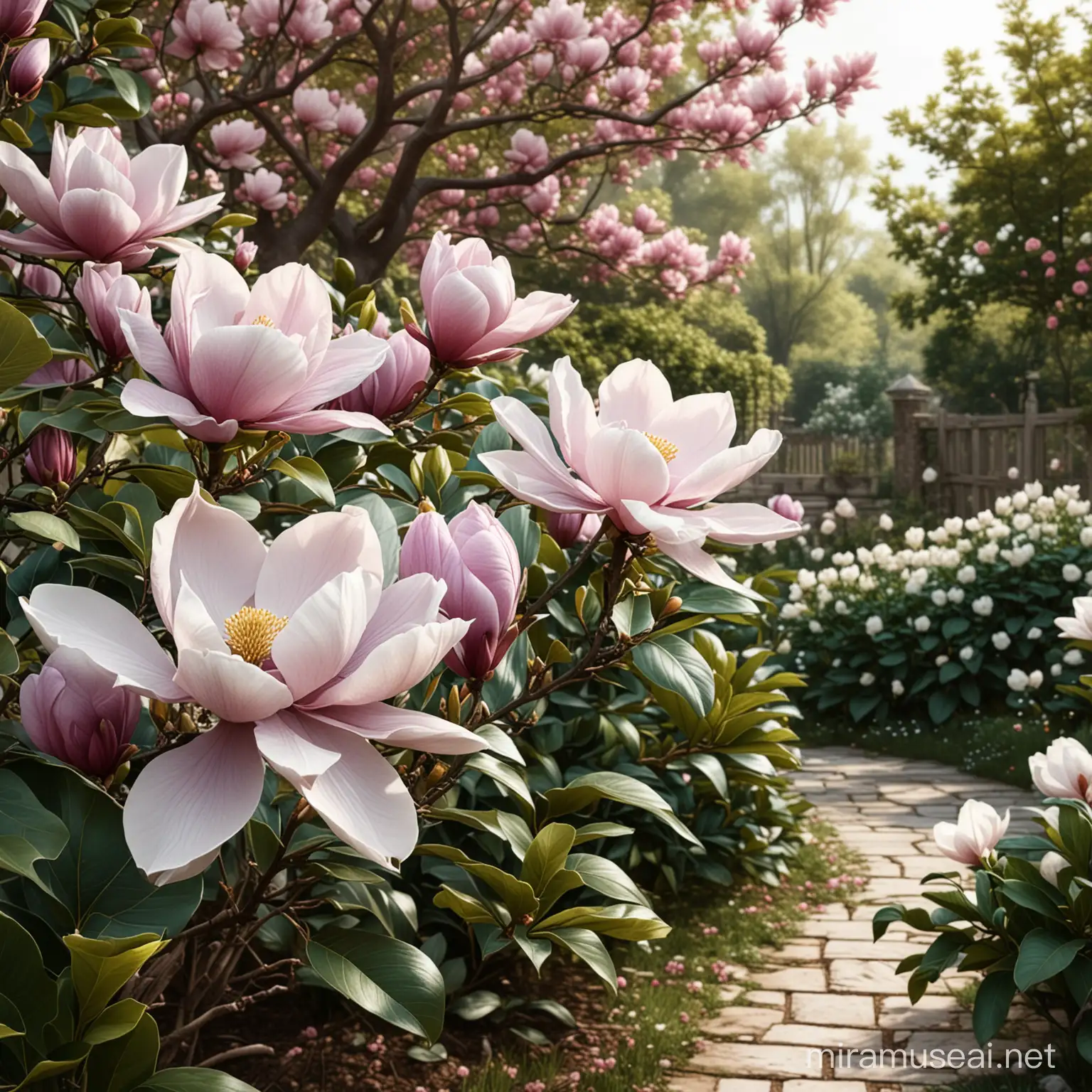 realistyczna grafika z magnoliami w ogrodzie