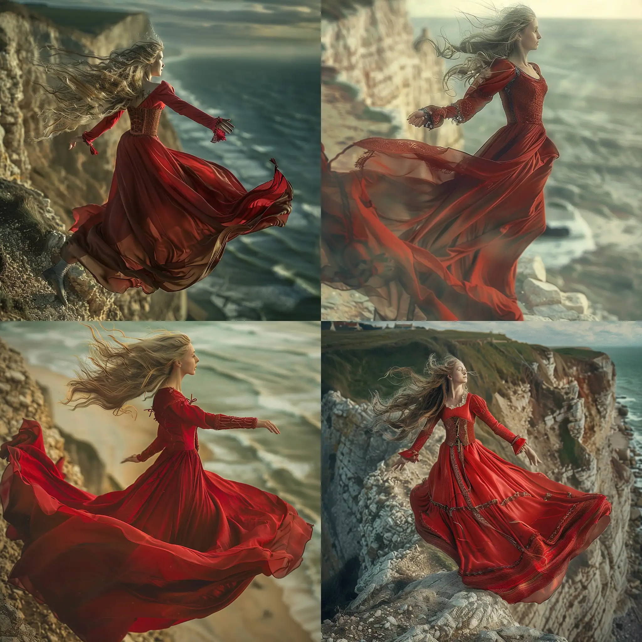 A image of a beautiful medieval woman in a red dress  jumping off of beachey head, her long dress and hair blowing in the wind. Magical mysterious fantasy etheral highly detailed surreal. 