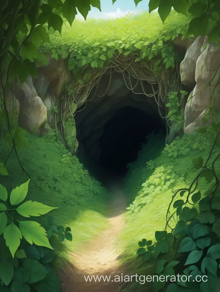 Вход в пещеру в лесу спрятанная за лианами с множеством ярко-зелёных листьев 
