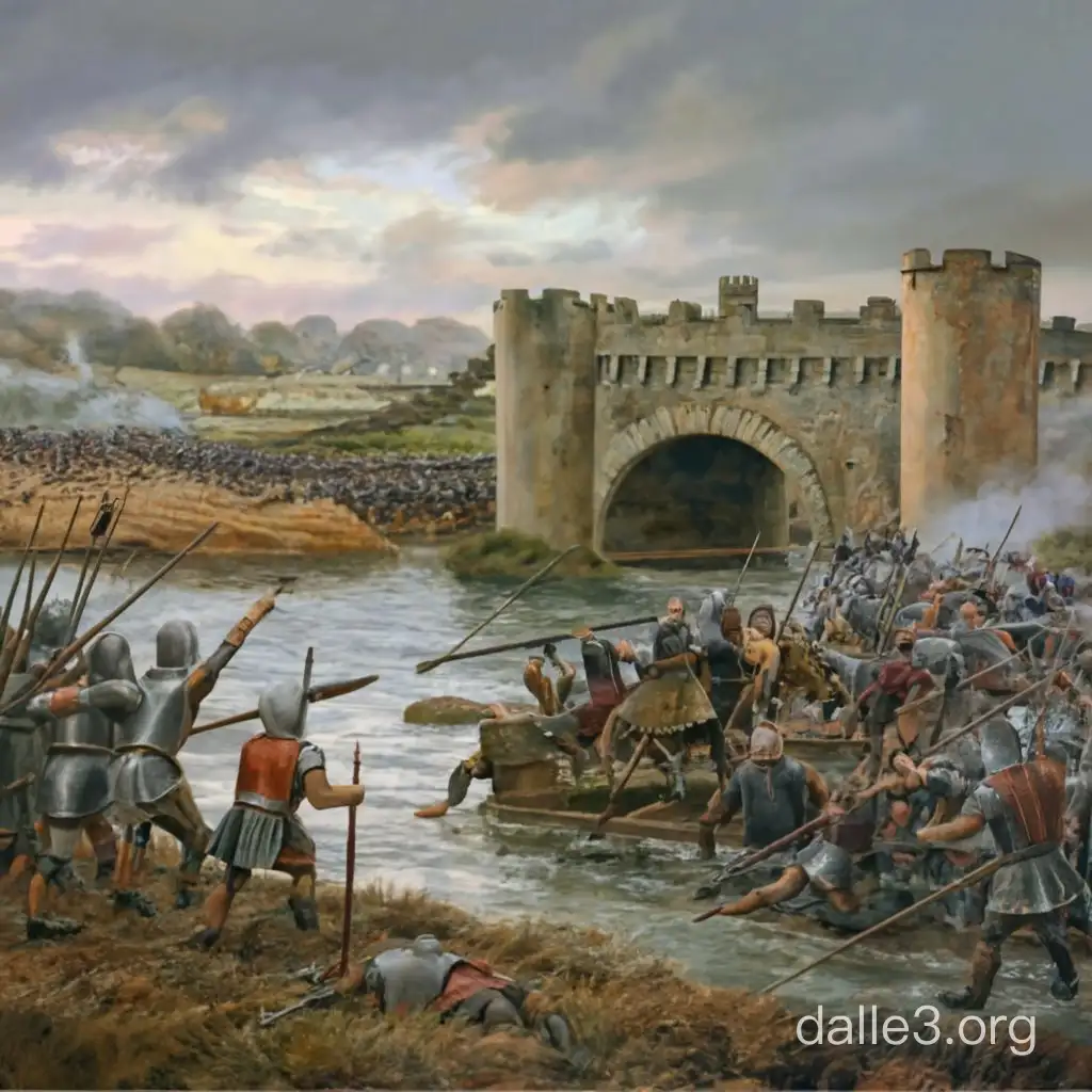 The scene depicts a medieval battlefield at the Battle of Stamford Bridge. In the foreground, the River Derwent flows under the stone bridge, with Saxon and Viking warriors engaged in combat on its banks. On one side, Anglo-Saxon soldiers clad in chainmail armor and wielding longswords and shields form a shield wall, pushing back against the Viking invaders. The Vikings, led by Harald Hardrada and Tostig, are depicted wearing horned helmets and chainmail shirts, wielding Dane axes and spears. Bodies litter the ground, and the air is filled with the sounds of clashing swords and battle cries. In the background, the village of Stamford Bridge can be seen, with thatched-roof houses and a simple church, engulfed in smoke and flames from the chaos of war. Dark storm clouds gather overhead, casting an ominous shadow over the battlefield.