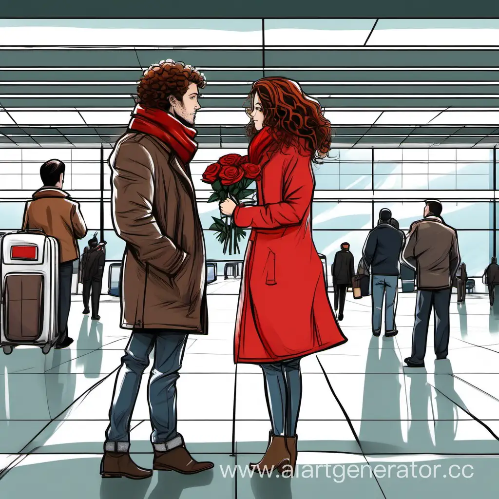 Draw a girl in a white warm jacket and a red scarf, with long brown curly hair, standing by her back at the airport in the arrival area,she is looking at the short-haired man in a black coat, the man is holding white roses 