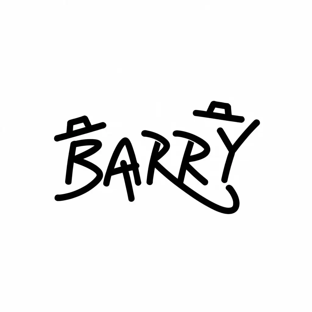 a logo design,with the text "barry", main symbol:in ugly handwriting black and white 'barry' but the two R's are 2 stick figures wearing bucket hats that ar placed above each R, no connection between the R and Y, no echo on the A, make all letters lowercase, Minimalistic,clear background