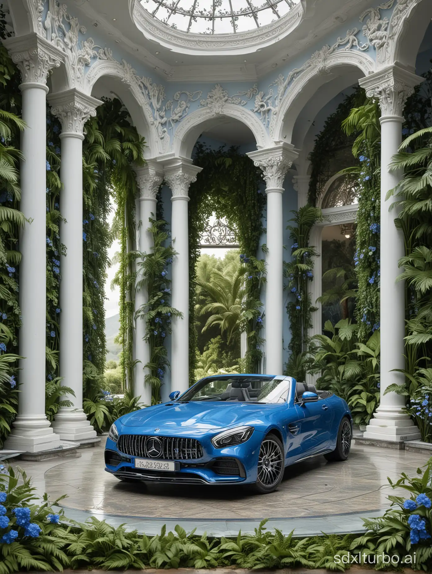 realistic image of a extravagant showroom with a BLUE Mercedez car, with intricate carvings and intricate details, surrounded by the lush greenery of the landscape, modern, luxurious and exuberant mansion with BLUE details. Blue flowers vegetation.