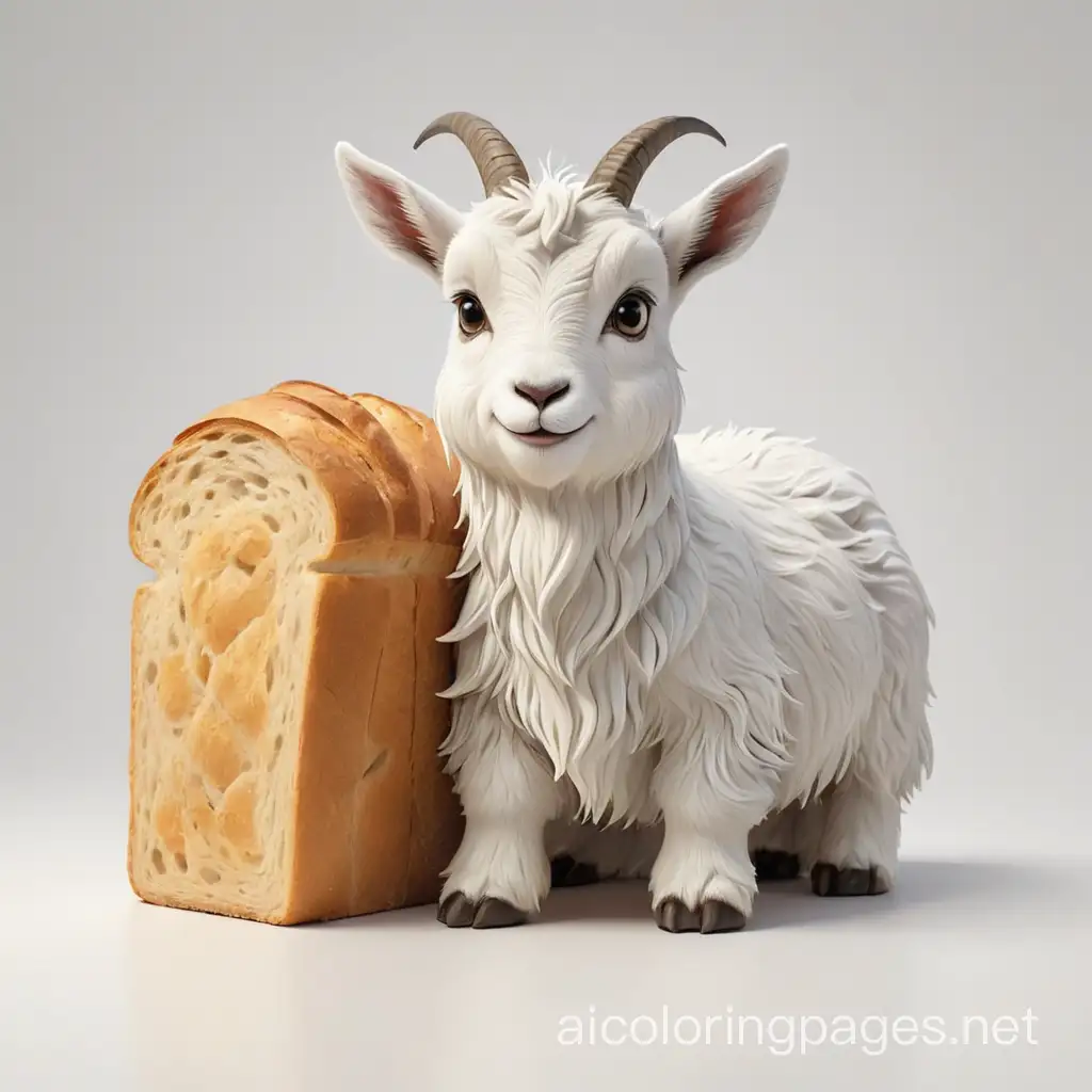 tiny goat with huge loaf of bread, Coloring Page, black and white, line art, white background, Simplicity, Ample White Space. The background of the coloring page is plain white to make it easy for young children to color within the lines. The outlines of all the subjects are easy to distinguish, making it simple for kids to color without too much difficulty