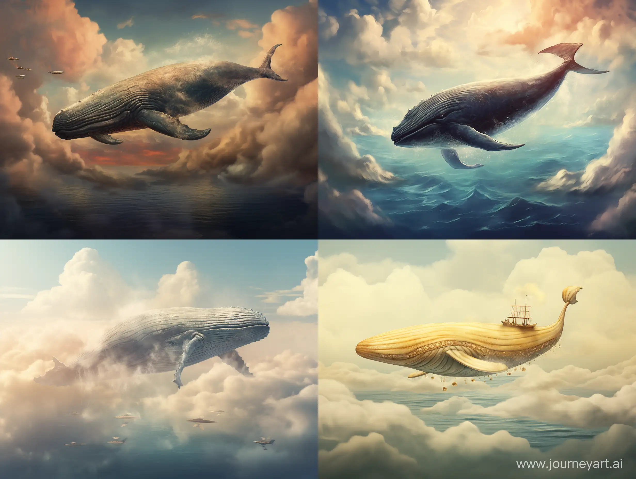 A lone whale flying in the clouds 