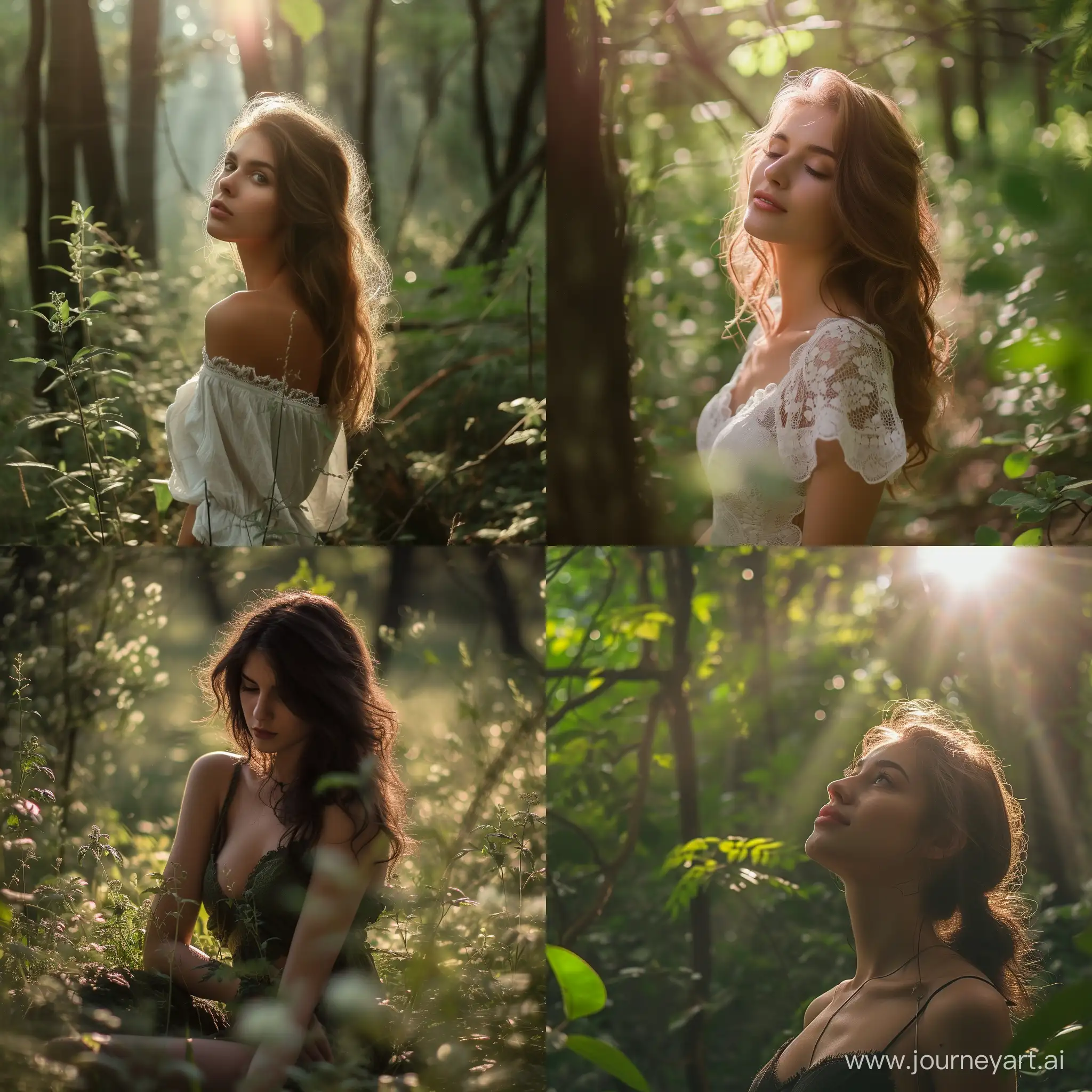 A beautiful woman in forest fresh morning dreamy environment 