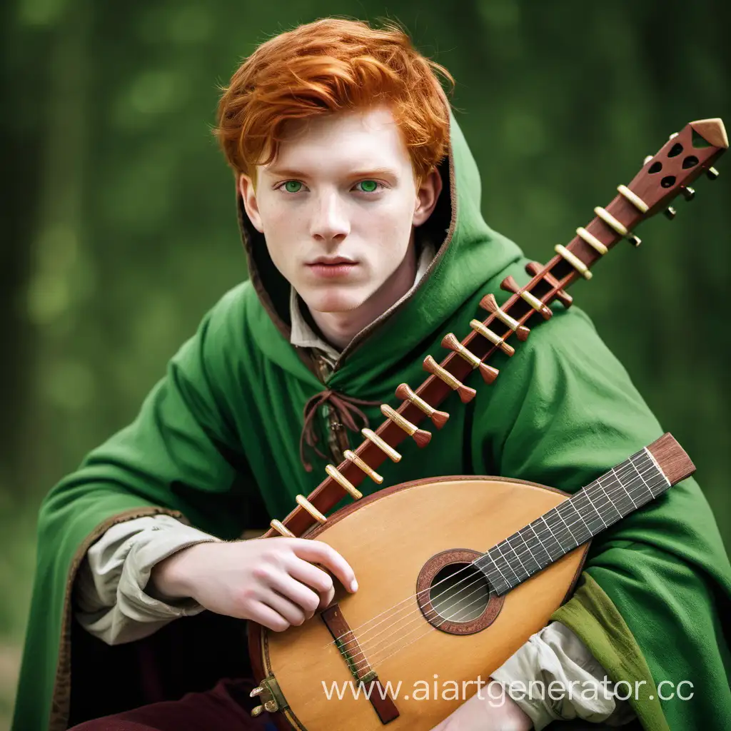 Talented-RedHaired-Musician-in-Worn-Attire-with-Lute-and-Green-Cloak