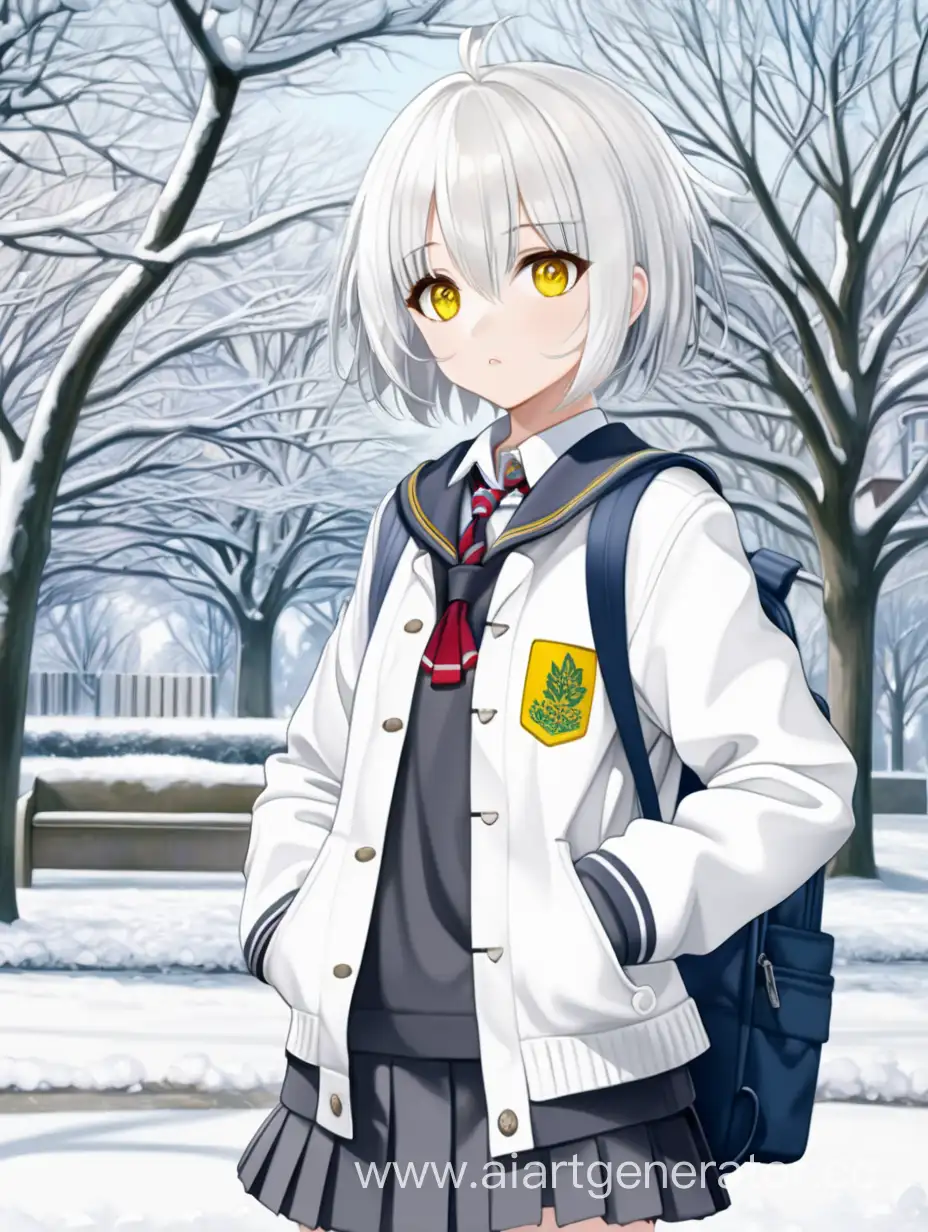 anime girl, white short hair, school uniform, yellow eyes, winter in park