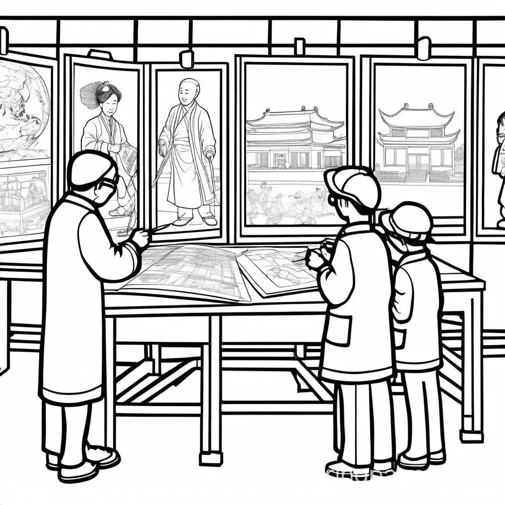 chinese scientists analyzing in a museum, Coloring Page, black and white, line art, white background, Simplicity, Ample White Space. The background of the coloring page is plain white to make it easy for young children to color within the lines. The outlines of all the subjects are easy to distinguish, making it simple for kids to color without too much difficulty