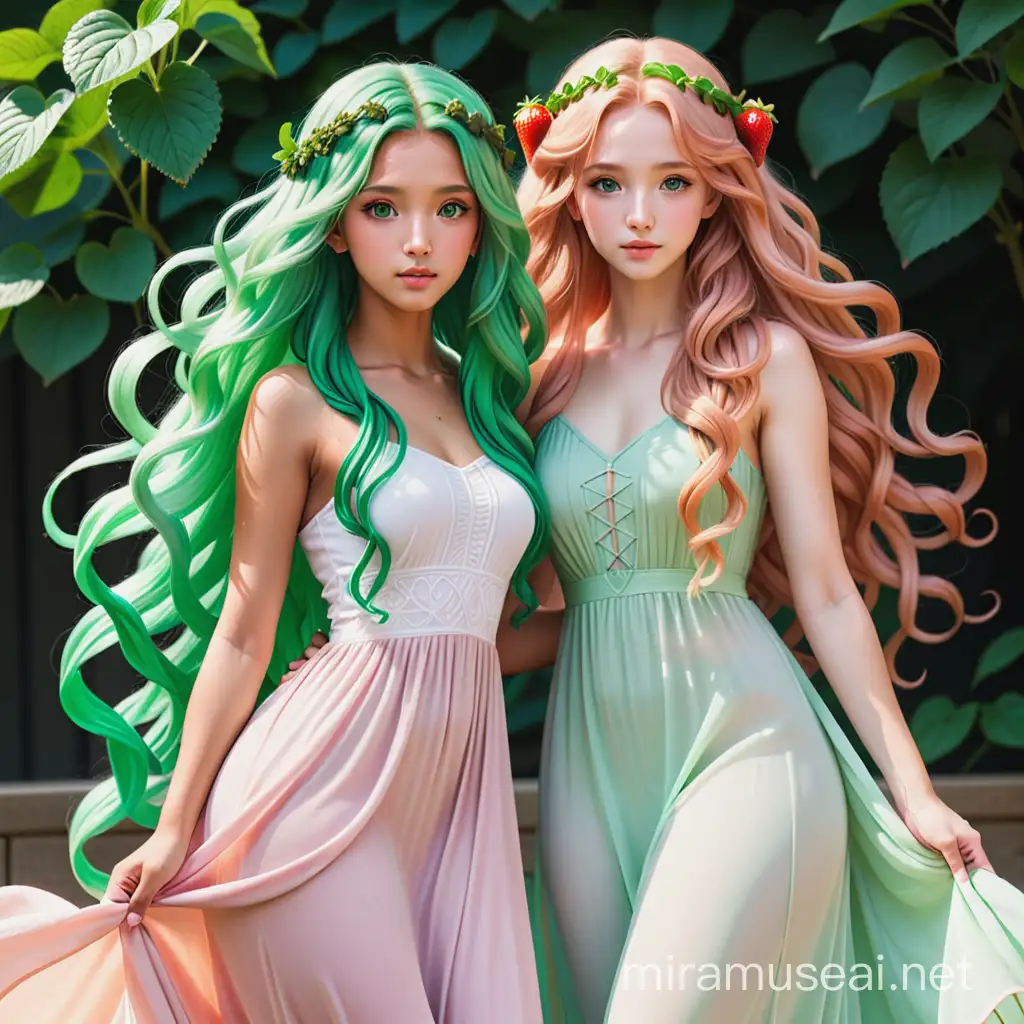 Beautiful Medusa with tan skin, green hair, white eyes, and long flowy, modest dress and pale girl with long strawberry blond hair and a flowy white dress
