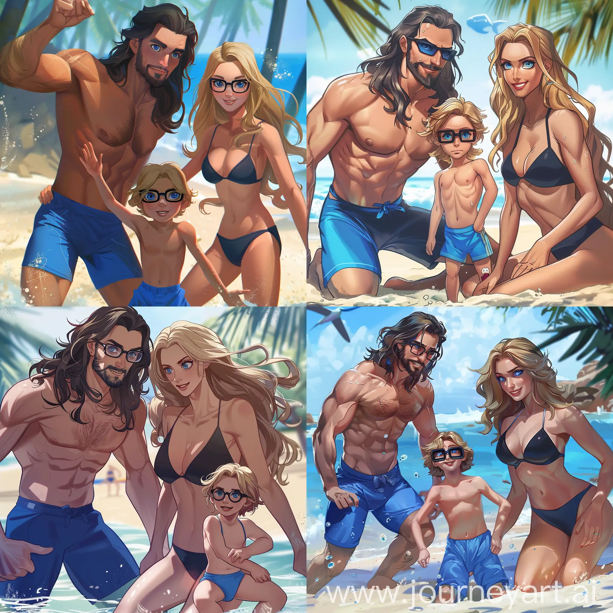 A man with blue eyes, dark long hair, and a beard. Blue swimming trunks. And a woman with blue eyes and long blond hair. Black bikini.  In their forties.
Also a boy, ten years old, with blue eyes, long blond hair to his shoulders, and rectangular black glasses. Blue swimwear.
They are playing on a beach. Disney style.