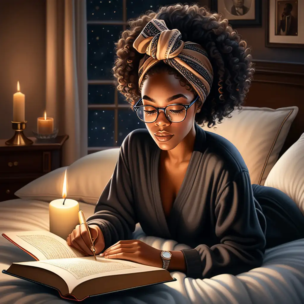 Create a realistic illustration of an beautiful glam black woman, with light brown color natural curly hairstyle, wearing a head scarf, wearing glasses, wearing black pajamas, laying in her luxury bed, reading a black history book, candle lit on night stand, luxury bedroom