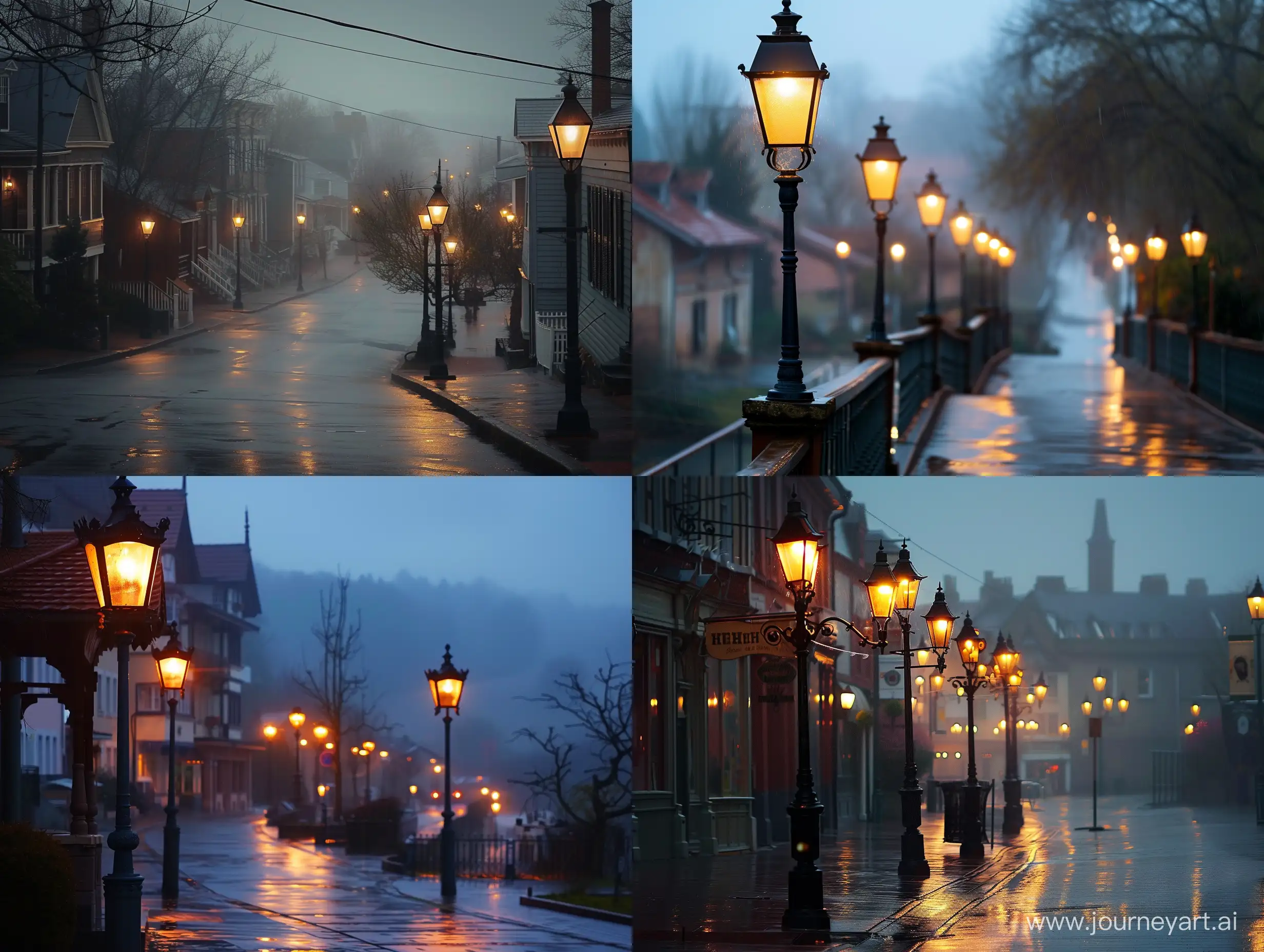 town, early morning, rain, street, street lamps