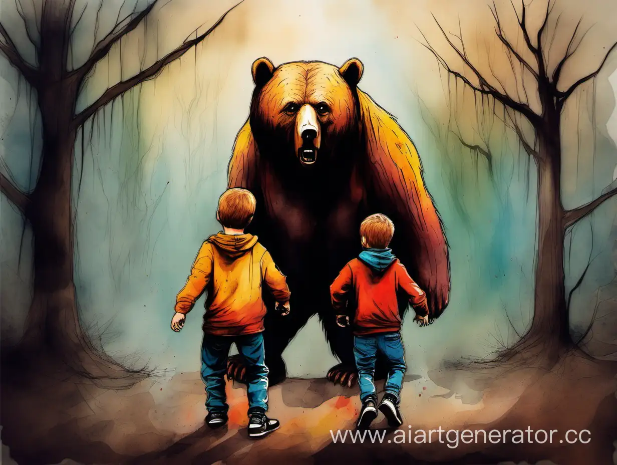 Two-Boys-and-a-Bear-Scared-Vibrant-Painted-Scene