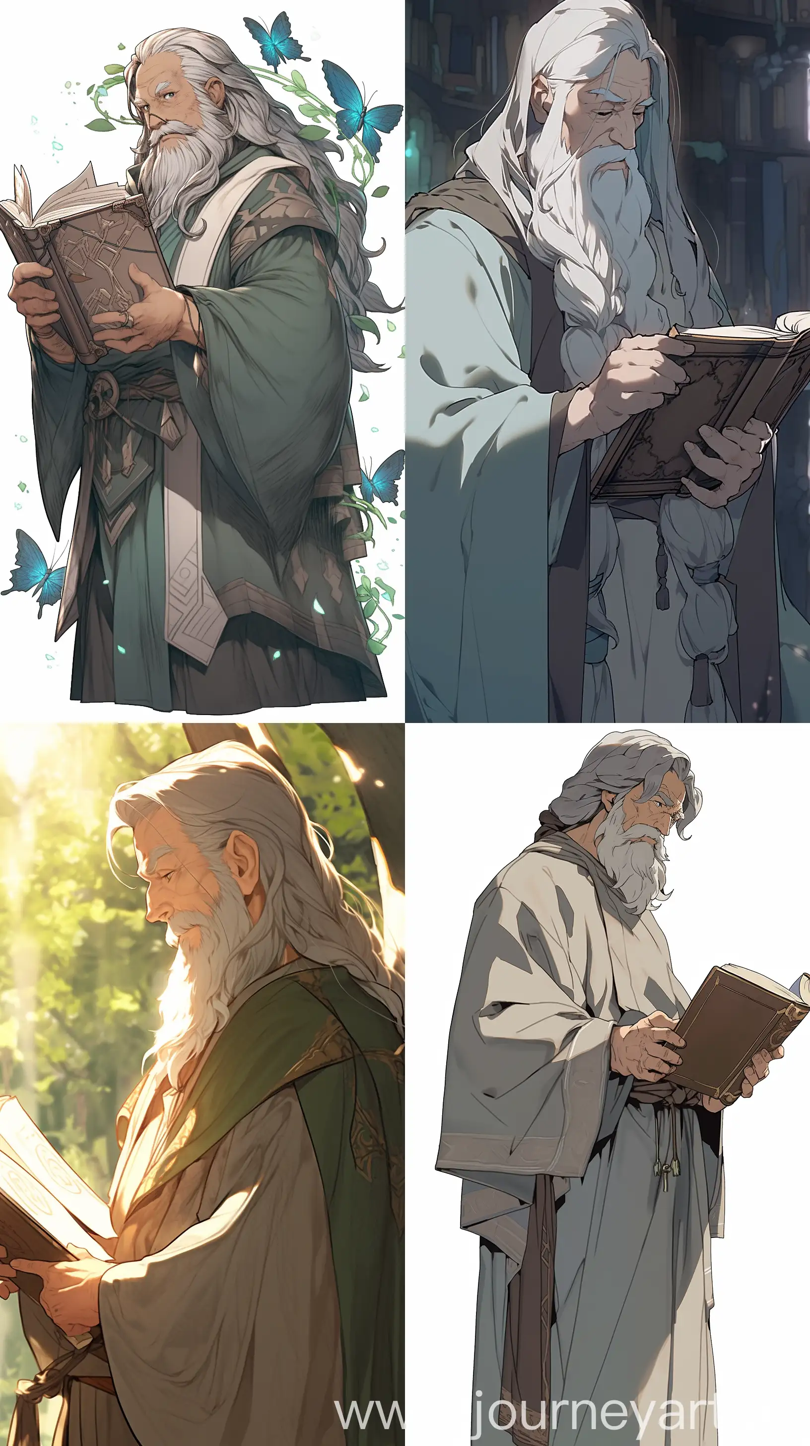 A picture of a wise, knowledgeable old man holding a book, Disney wizard reference, gentle and wise smile, dressed in ancient gray dress, half body::4, serene and dignified demeanor, and wise appearance, Manga style, art by Mike Grell, cascading leaves and peaceful soft focus portrait, wise eyes and long gray beard, front view::, 16k, ultra hd --ar 9:16 --q 2 --niji 5