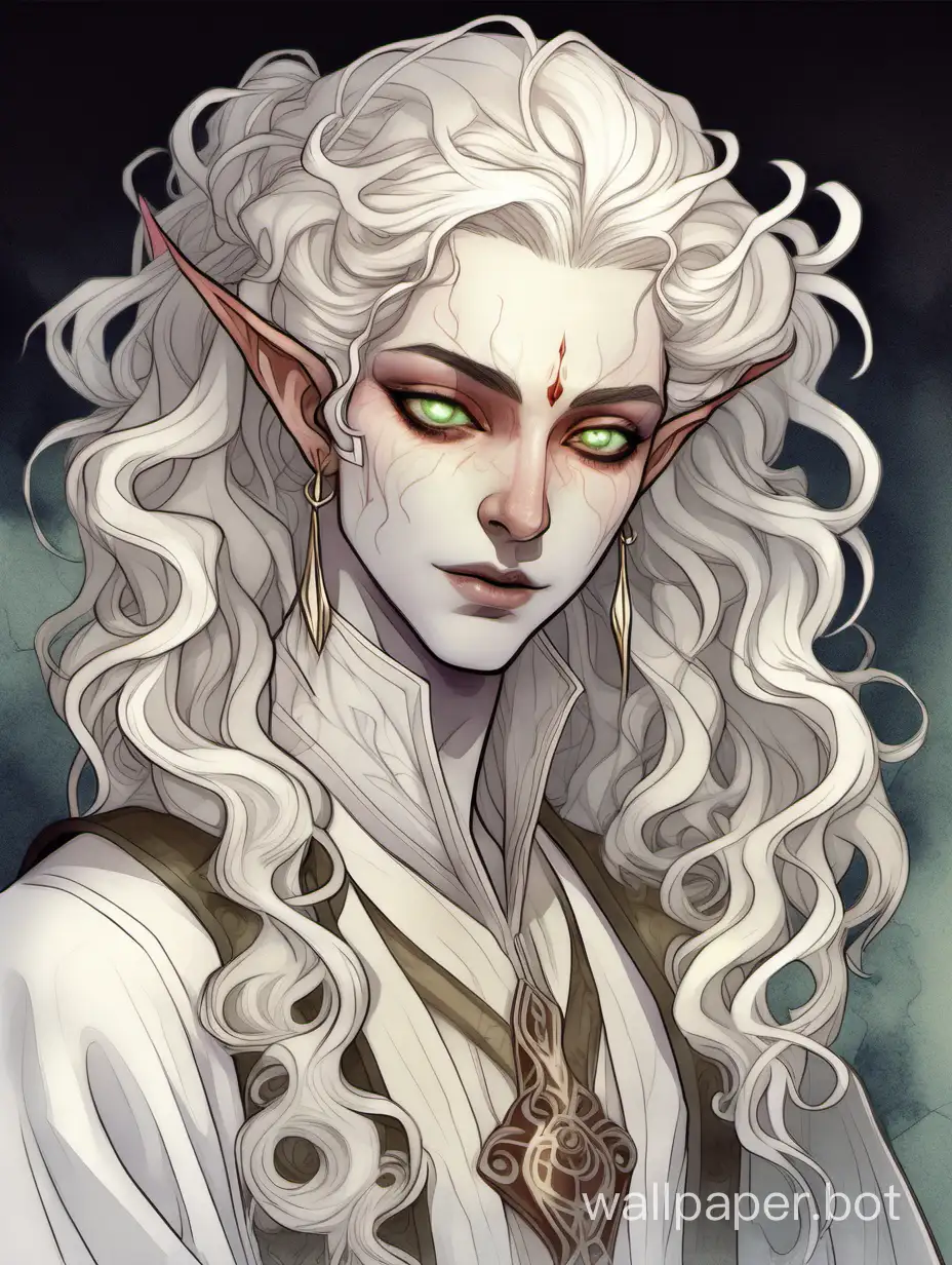a D&D bard, dnd changeling, a changeling from dungeons and dragons, thin, slender, translucent ((pale white skin)), (wavy curly long white hair), ((glowing white eyes)), androgynous, flamboyant, nonbinary, pale body, lithe, pointed ears, almond shape eyes, flat chest, charismatic, (bard adventurer clothes), epic, portrait, poster, humanoid, character bust, wearing clothes, entertainer, performer, clean, baggy sleeves, straight slightly hooked nose, digital art, classic, watercolor, proportionate, anatomical, painting, shapeshifter, haunting face, white skin, all white grey inhuman, colorless skin, hair half-up in a bun, art nouveau