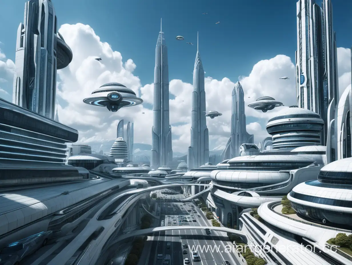 Futuristic-Circular-Cityscape-with-Tall-White-Buildings-and-Monumental-Black-Metal-Structure