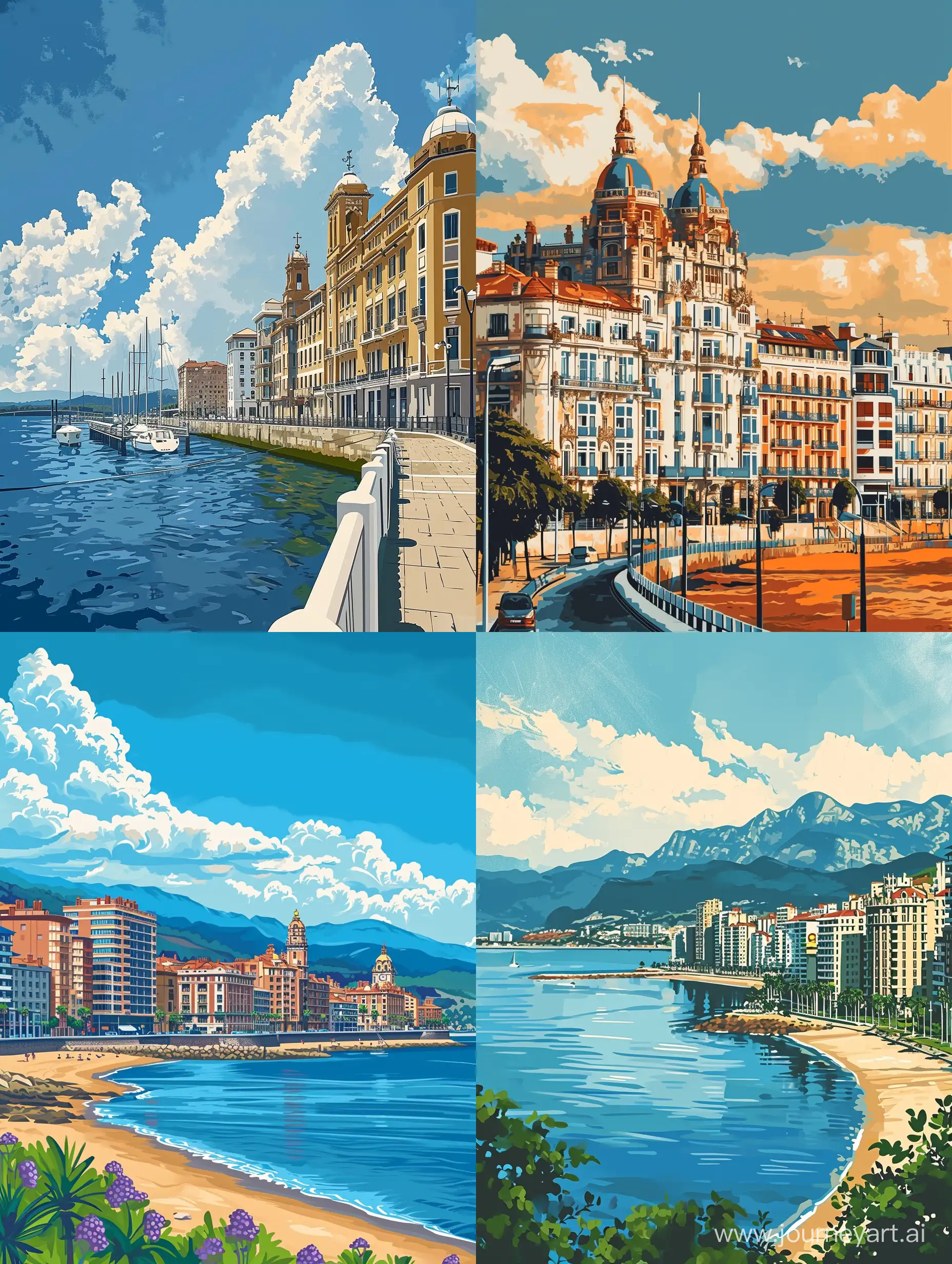 A picture of Santander city inspired by Hiroshi Nagai and the City Pop Art Style