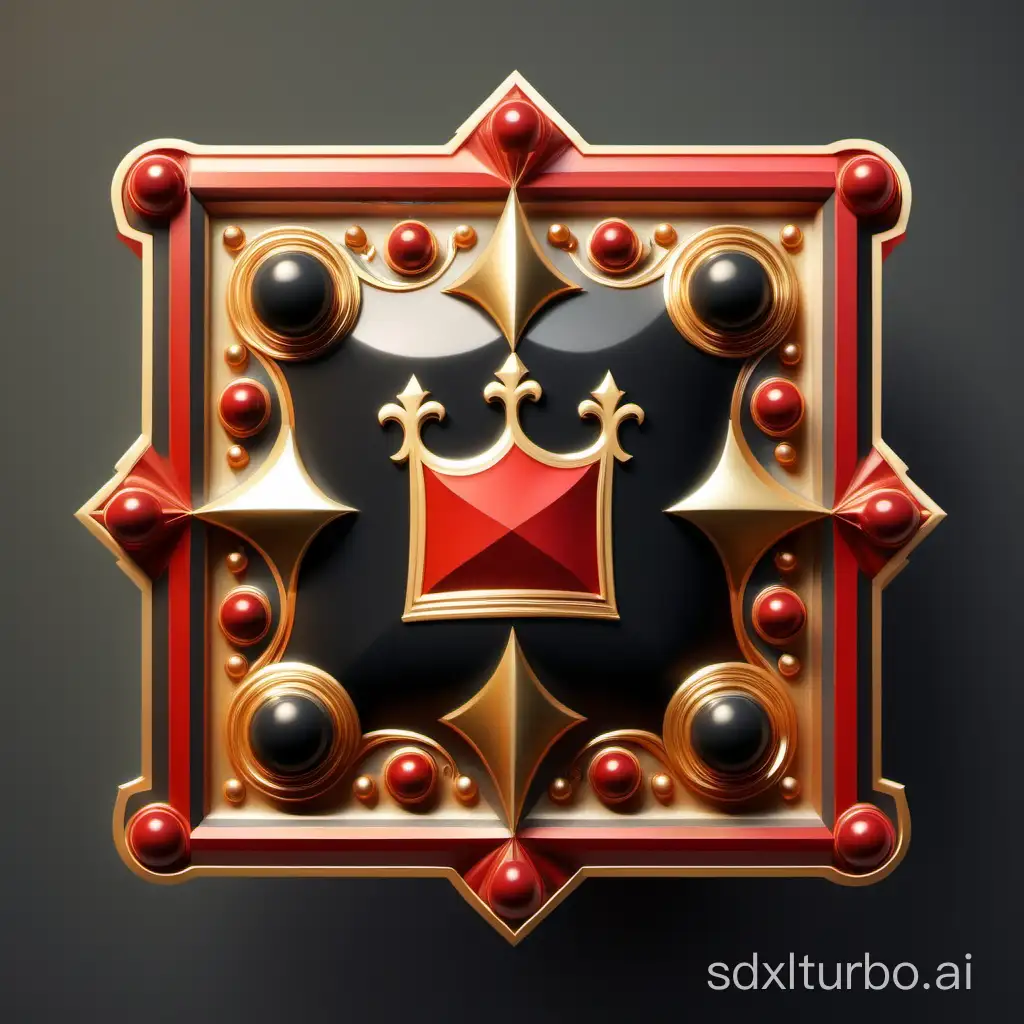 a gilded black and red royal icon with a 45 degree rotated square in the middle, circular cartoon